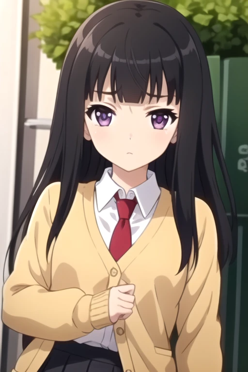 ((masterpiece)),(best quality),official art,extremely delicate and beautiful,extremely detailed CG,unity 8k wallpaper,ultra detailed,beautiful detailed eyes,extremely detailed face,outdoors,1girl,solo,upper body,(portrait:1.5),looking at viewer,facing viewer,anxious,long hair,black hair,sidelocks,blunt bangs,purple eyes,school uniform,yellow cardigan,red necktie,white shirt,collared shirt,long sleeves,medium breasts,miniskirt,pleated skirt,black skirt,zettai ryouiki,black thighhighs,loafers,<lora:Umi(remake):0.8>,