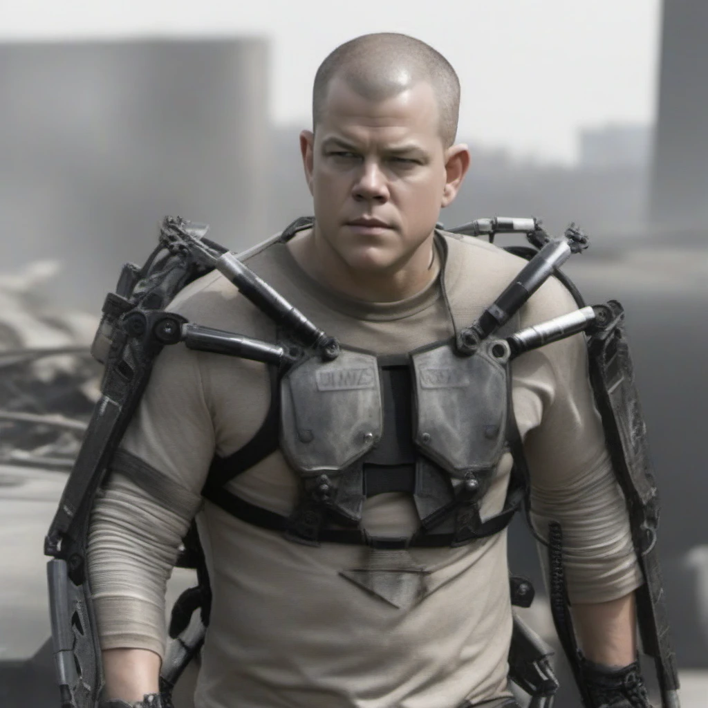 Dystopian style a full boddy bald matt damon wears an exoskeleton, city background<lora:Elysium1024:0.8> . Bleak, post-apocalyptic, somber, dramatic, highly detailed