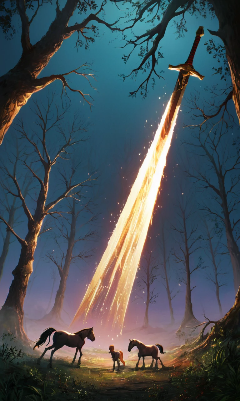 score_9, score_8_up, score_7_up, score_6_up, score_5_up, score_4_up, eldenscene, golden tree, black trunk, old forest, gloomy, dark, death, night, knights, swords, fight, horses