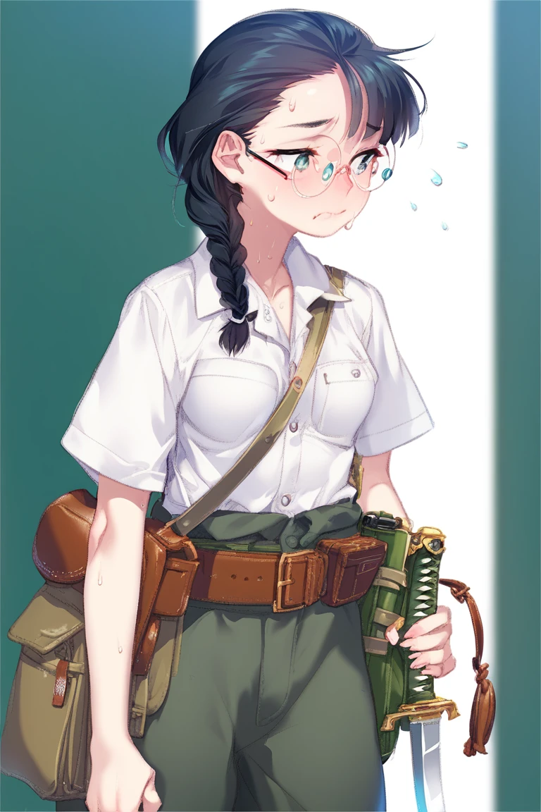 score_9,score_8_up,score_7_up,artbook,game cg,1girl,solo,cowboy shot,small breasts,black hair,twin braid,round eyewear,exhausted,sweat,flustered,bag, green_background,  weapon,   pouch, shirt, shoulder_bag, sword, belt, collared_shirt,IJA Showa,IJA officer,short sleeve,open collar shirt,holding sword,holding katana, 
katana,<lora:Koume_Keito_PonyXL_dim32:0.8:lbw=0.8,0,0,0,0,0,0.8,0.8,0.8,0.8,0.8,0.75>,<lora:IJAuniformXLv1:1>,