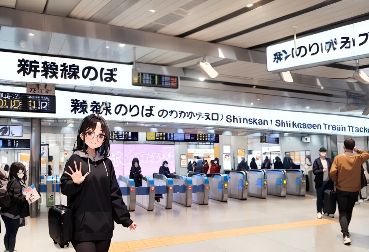 masterpiece, best quality, very aesthetic, absurdres,
1girl, solo, glasses, black hair, long hair, hoodie, pants, rolling suitcase, smile, looking at viewer, solo focus, waving,
shinosaka, norikaeguchi, ticket gate, multiple boys, real world location, train station, scenery
<lora:shinosakaeki_norikaeguchi_SDXL_V1:1>
