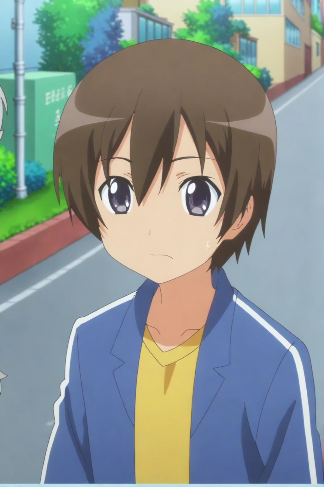 fully clothed, (masterpiece, best quality:1.2), perfect anatomy, (1boy, solo:1.2), (establishing shot straight on from above:1), (white track shirt, red track pants:1.2), outside, track field, running, eye contact looking at viewer, happy smile, beautiful eyes, nose blush, shiny skin, adorable face, <lora:boku no chico ova-lora-nochekaiser:1> chico, short hair, (brown hair), (brown eyes:1.5), petite, volumetric lighting, (flat chest:1)