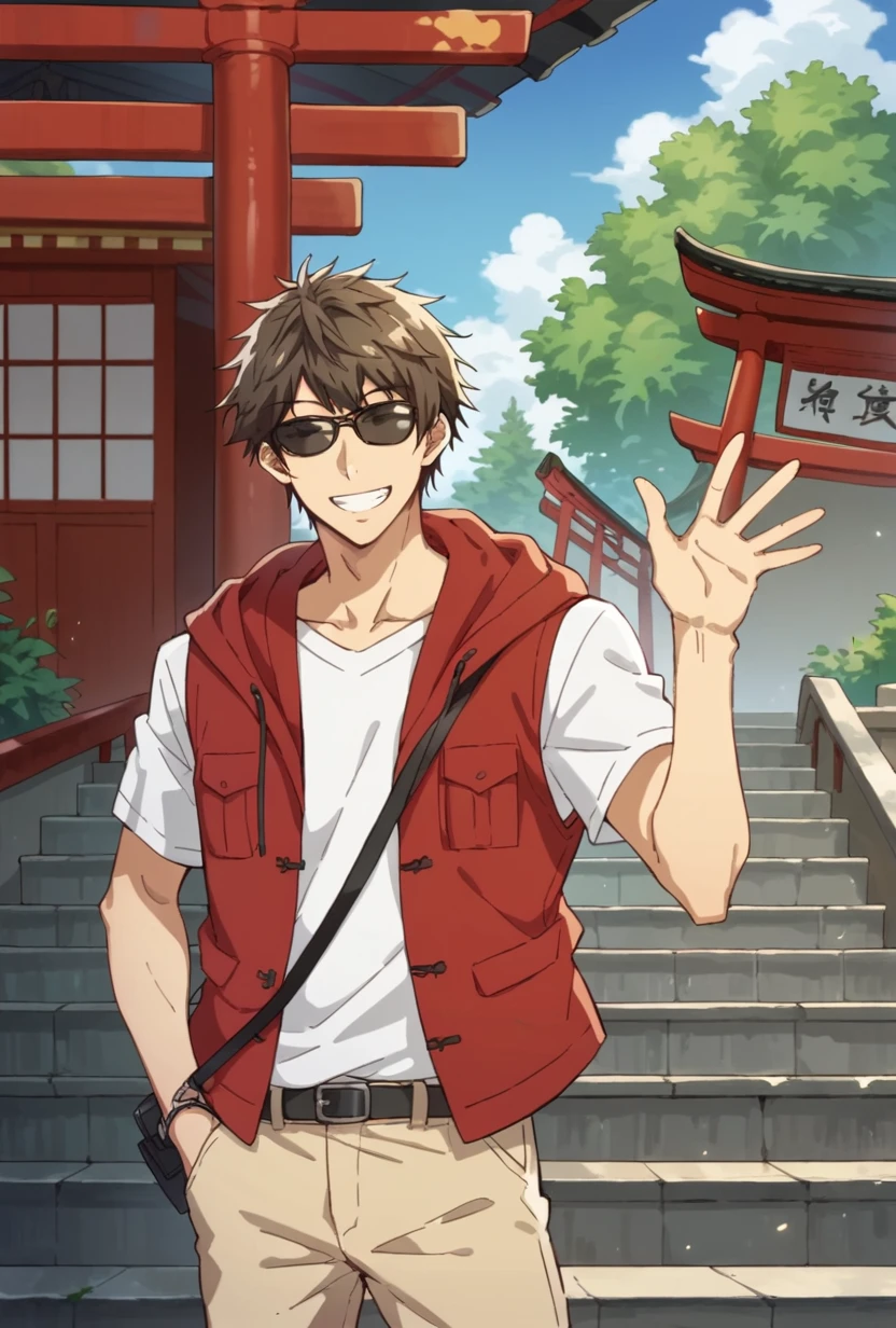 score_9, score_8_up, kajiwara akihito, 1boy, solo, sunglasses, red vest, open vest, hood, white shirt, beige pants, smile, teeth, waving, looking at viewer, stairs, cameras, photoshoot, shrine, outdoors, daylight