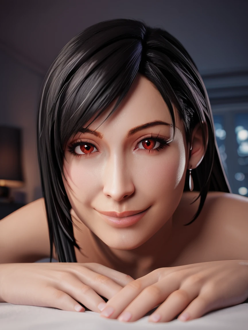 score_9_up, score_8_up, score_7_up, source_3d, <lora:3D_R34_Style:0.9>, blender 3d, detailed 3d, nsfw, detailed body, five fingers, good fingers, Tifa, black hair, long hair, red eyes, Tifa outfit, looking at viewer, pov, realistic, solo focus, on stomach, hands on face, soft smile, closed eyes,  face focus, close up, solo focus, background bedroom, (at night, dark, blurry background), (realistic, cinematic, high quality, photorealistic, best quality, ultra detailed)