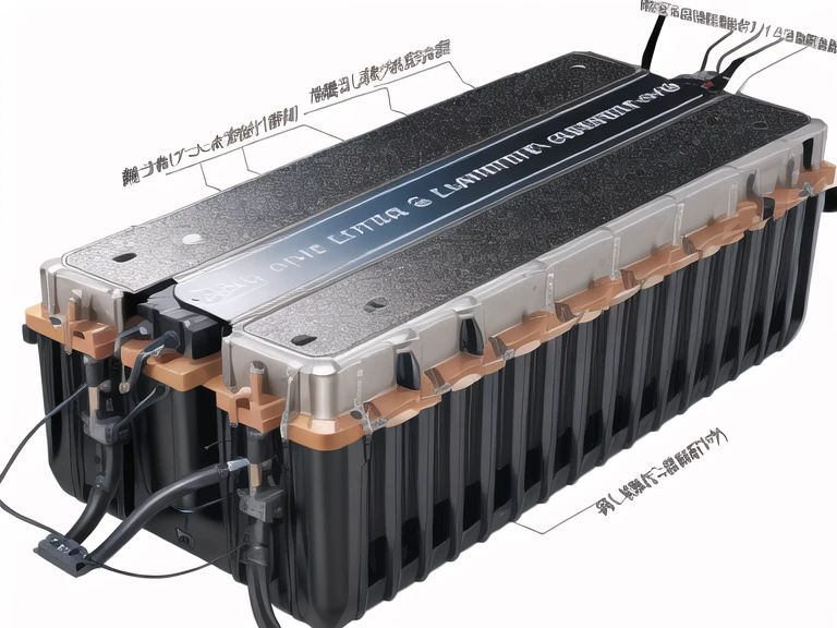 Imagine a technical diagram of an electric vehicle battery pack,flat and wide,metal structure,metal luster,featuring its entire body and top surface,A very thin rectangular shape metal battery structure,battery pack full of cubic energy unit,white background,revealing the complex inner workings underneath,harness in orange color,metal structure,aluminum luster. Each component is meticulously designed for functionality and strength,<lora:Mechanical_design_for_battery:0.8>,