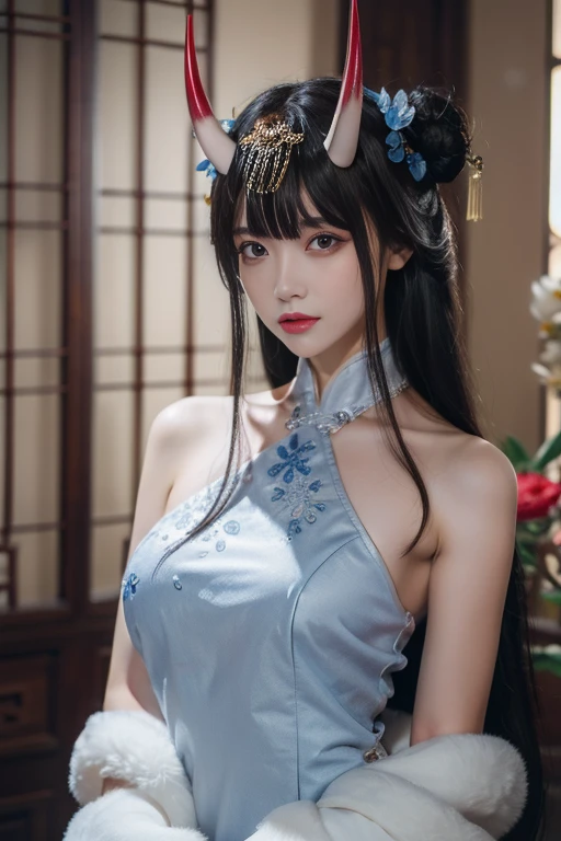 ltra-detailed,highly detailed,best quality,masterpiece,illustration,realistic,photorealistic,
noshiro,dxq,
1girl, solo, oni horns, official alternate costume,
china dress, chinese clothes, sleeveless dress, bare shoulders, pelvic curtain,
hair ornament, long hair, hair flower, hair bun, bangs, double bun,
looking at viewer, upper body,
flower, window, indoors,
<lora:noshiro dxqx_0809v1_03:0.7>