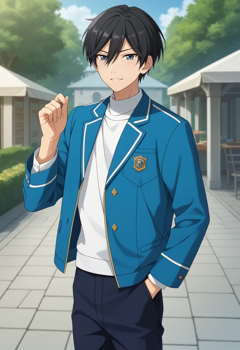 score_9, score_8_up, score_7_up, masterpiece, best quality, cute,Hokuto Hidaka, black hair, blue eyes, solo, male focus<lora:EMS-364669-EMS:1.000000>