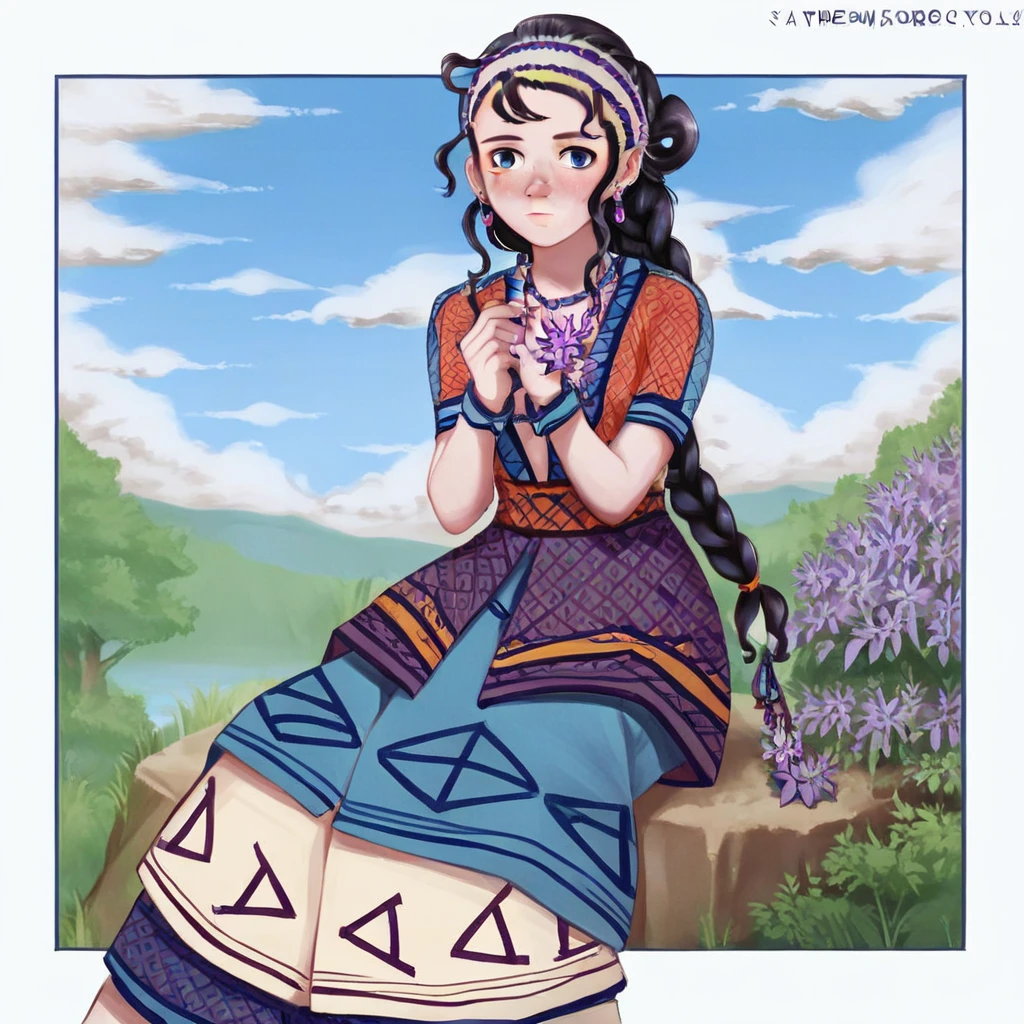 minoan clothes, blue eyes, short sleeves, cuffs, sky, hairband, purple flower, hand up, body freckles, lips, outdoors, small breasts, earrings, blue sky, blush, holding necklace, long hair, closed mouth, own hands together, nature, braid, invisible chair, animal, border, sitting