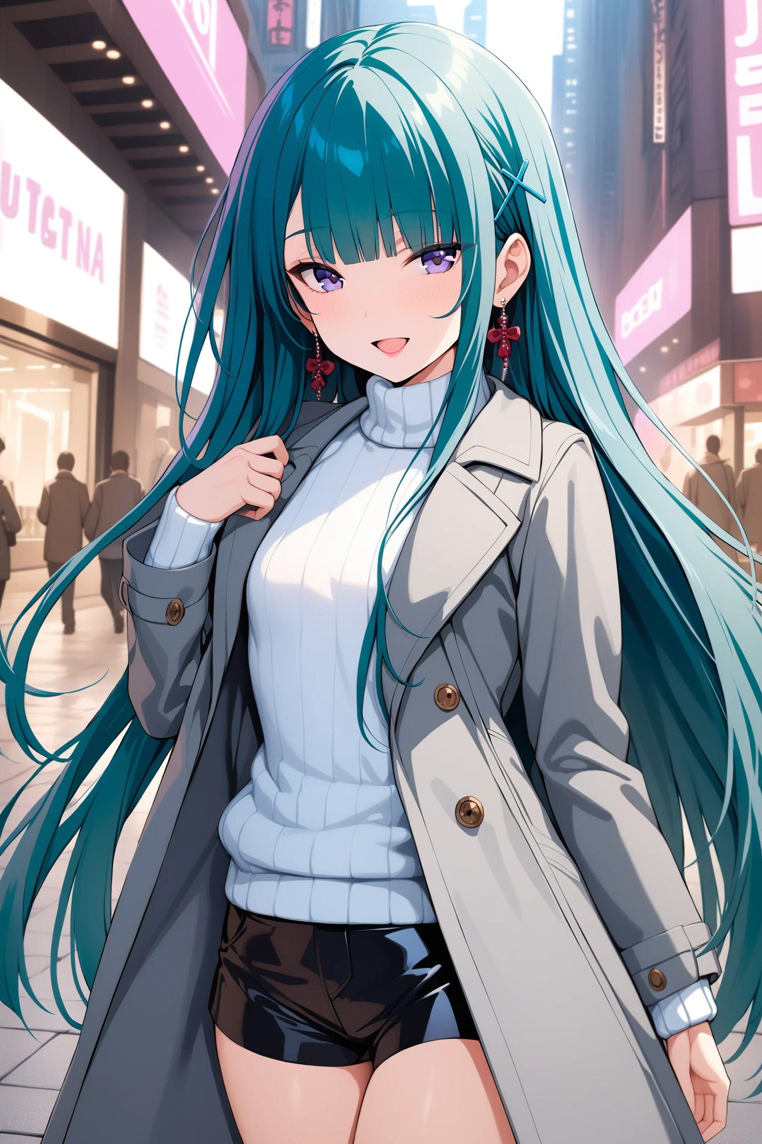 (masterpiece, best quality, very aesthetic, ultra detailed), intricate details, highly detailed background, perfect lightingbest quality, chiyouraayame, solo, outdoors, city, aqua hair, blunt bangs, hairclip, x hair ornament, very long hair, purple eyes, earrings, jewelry, small breasts, grey coat, open coat, white sweater, turtleneck sweater, ribbed sweater, black skirt, black shorts, short shorts, smile, open mouth, :d, pink lips, <lora:Chiyoura-Ayame:0.7>