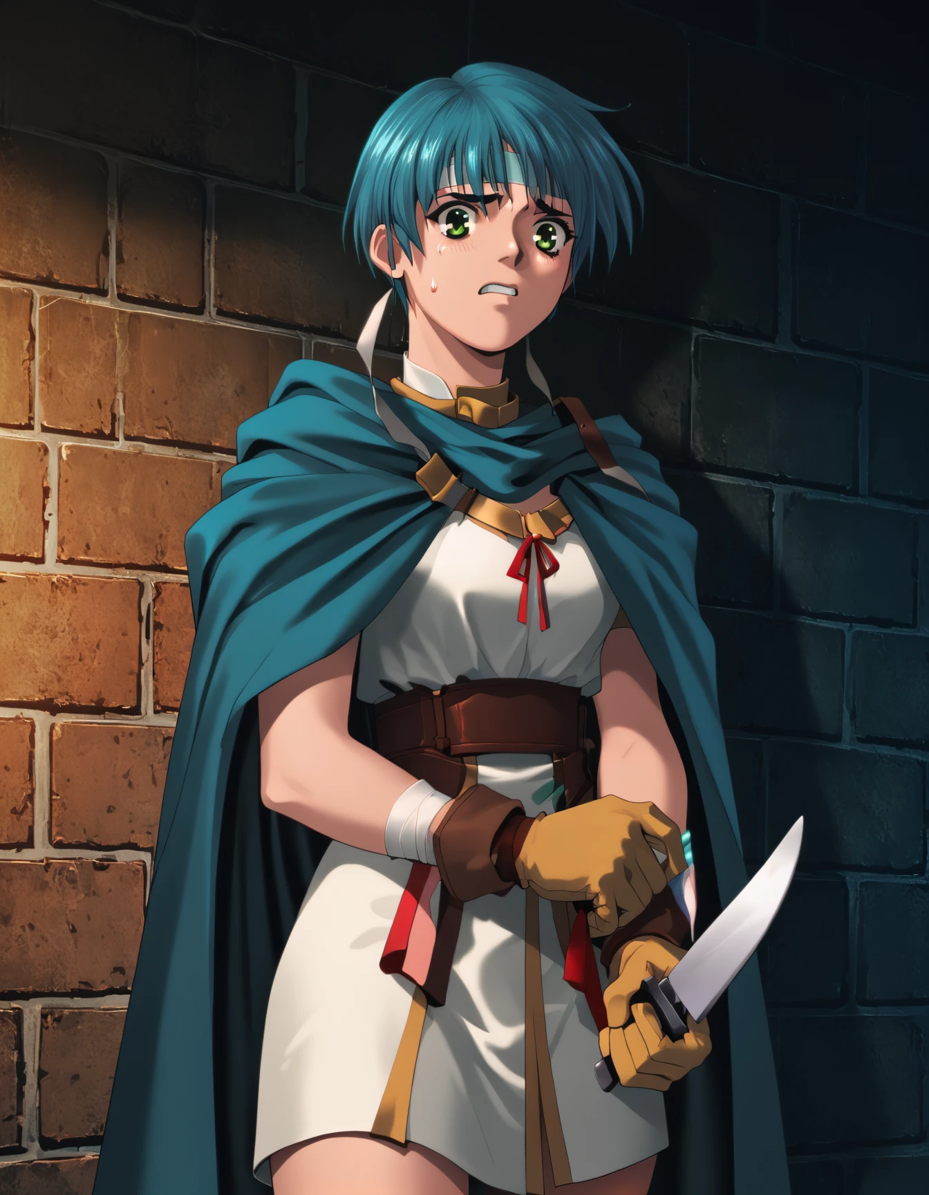 score_9, score_8_up, score_7_up <lora:epo-ponyxl-000040:1> wwepo, blue hair, green eyes, (headband:0.5), fashion,
brick wall, dungeon, fantasy, holding knife, nervous, sweat