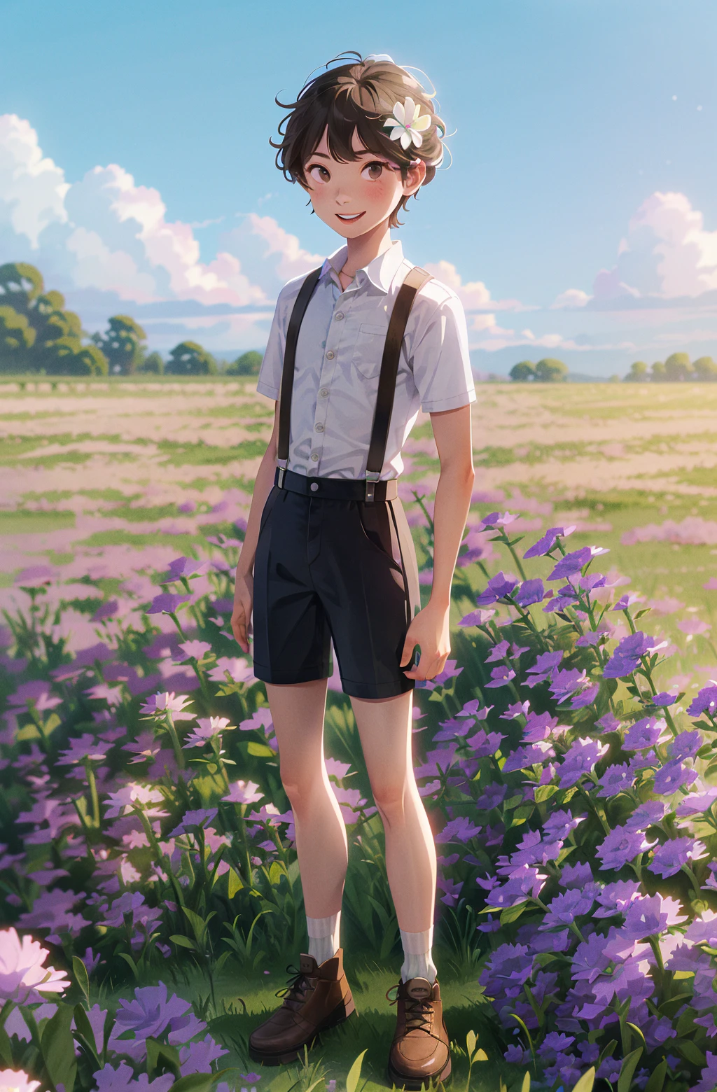 1boy, outdoors, shorts, male focus, shirt, flower, blonde hair, field, bird, solo, socks, sky, suspenders, holding flower, holding, smile, grass, cloud, flock, day, white bird, white flower, aged down, suspender shorts, flower field, blue sky, full body, dove, brown footwear, arms behind back, standing, child, collared shirt, ^_^, :d, , (illustration:1.0), masterpiece, best quality best quality <lora:Euro American animationa:0.78>