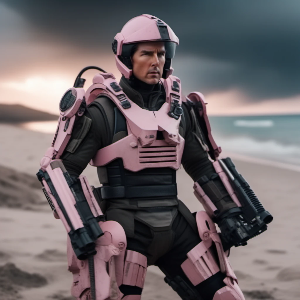 Dystopian style cinematic photo full body tom cruise wears a pink futuristic light armor, helmet, beach background <lora:Exosuit1024:0.8> . 35mm photograph, film, bokeh, professional, 4k, highly detailed . Bleak, post-apocalyptic, somber, dramatic, highly detailed