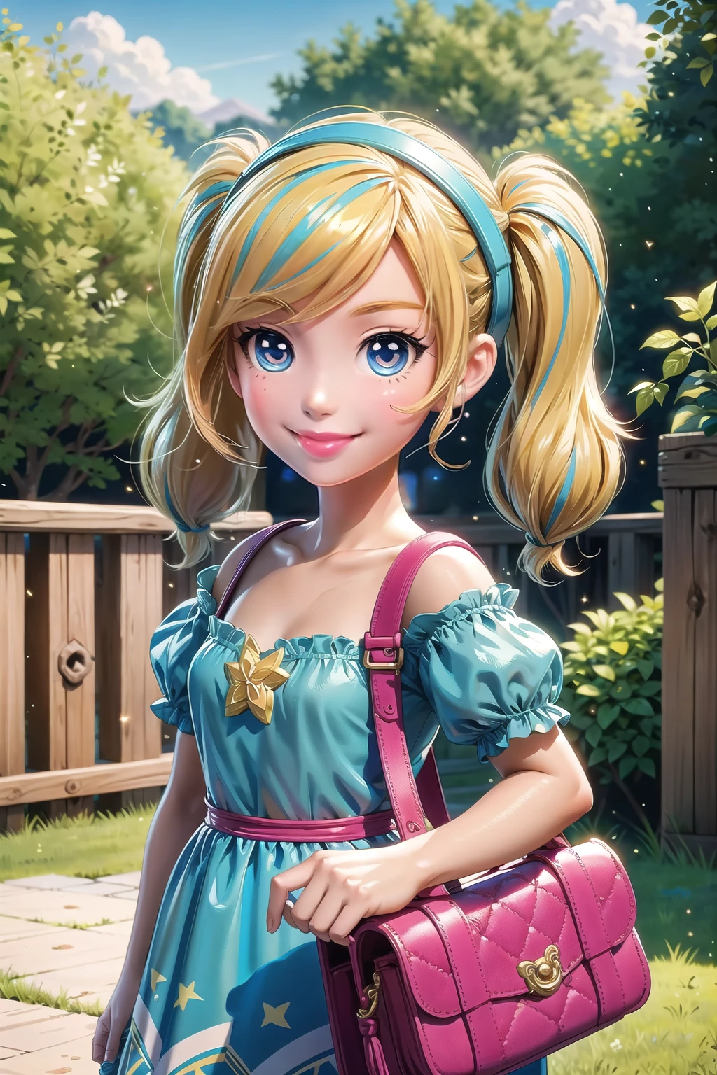 (masterpiece, best quality:1.3), 8k resolution, digital illustration, thick lineart, p0lly, 3d, toy, original, ultra-detailed portrait, cowboy shot, 1girl, minigirl, polly pocket, photoreal, twintails, blonde hair, garden, outdoors, sunlight, looking at viewer, smile, (dynamic), stylish, (shiny:1.1) fashion, drinking, drink, straw, toy, fence, tree, dress, (deep depth of field), cute, miniature, glitter, extremely detailed, hairband, (intricate details), perfect face, finely detailed face, detailed eyes, volumetric, perfect composition,volumetric lighting, soft lighting,traditional media,cara<lora:EMS-363895-EMS:1.100000>, <lora:EMS-179-EMS:0.300000>, <lora:EMS-318001-EMS:0.200000>, <lora:EMS-29839-EMS:0.100000>