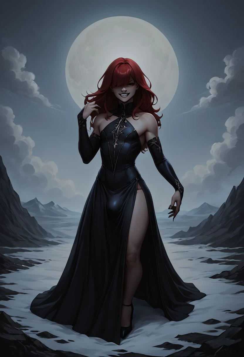 score_9, score_8_up 1femboy, adult, thick body, long straight red hair, bangs covering eyes, Little black dress,  , strappy heels, hands extended out, large bulge in skirt,  evil grin, intricate scenery, very detailed, amazing aestethics, , (full body, laying on back, front:1.1), upper body, looking at viewer,  dark theme, low light,