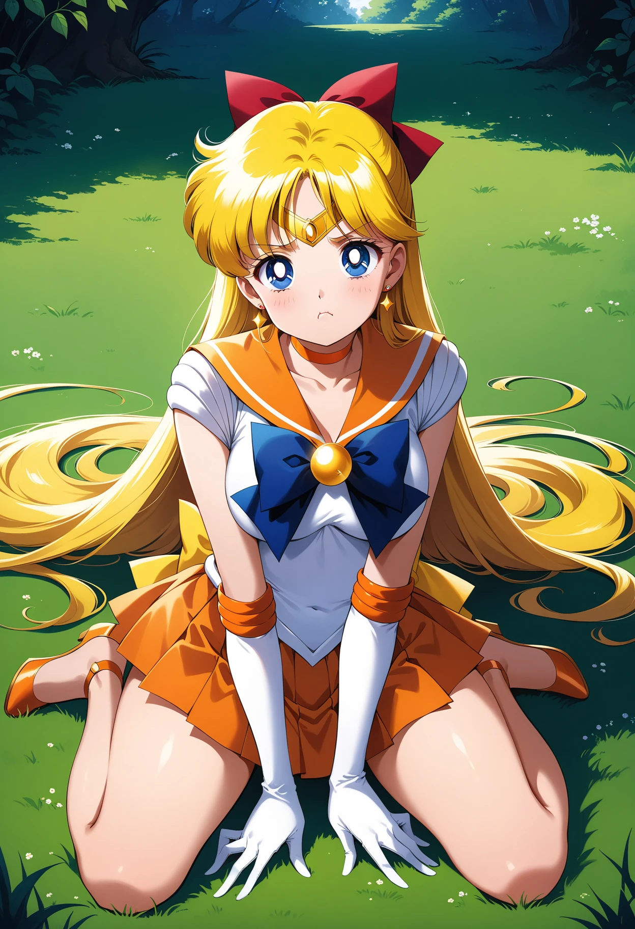 (masterpiece, best quality, very aesthetic, ultra detailed), intricate details, 4k, aavenus, long hair, blonde hair, hair bow, tiara, earrings, blue eyes, orange choker, orange sailor collar, blue bowtie, white shirt, elbow gloves, white gloves, pleated skirt, orange skirt, bare legs, <lora:sailor_venus_animaginexl_v2:0.9>, wariza, grass, pout, strappy heels, orange footwear,