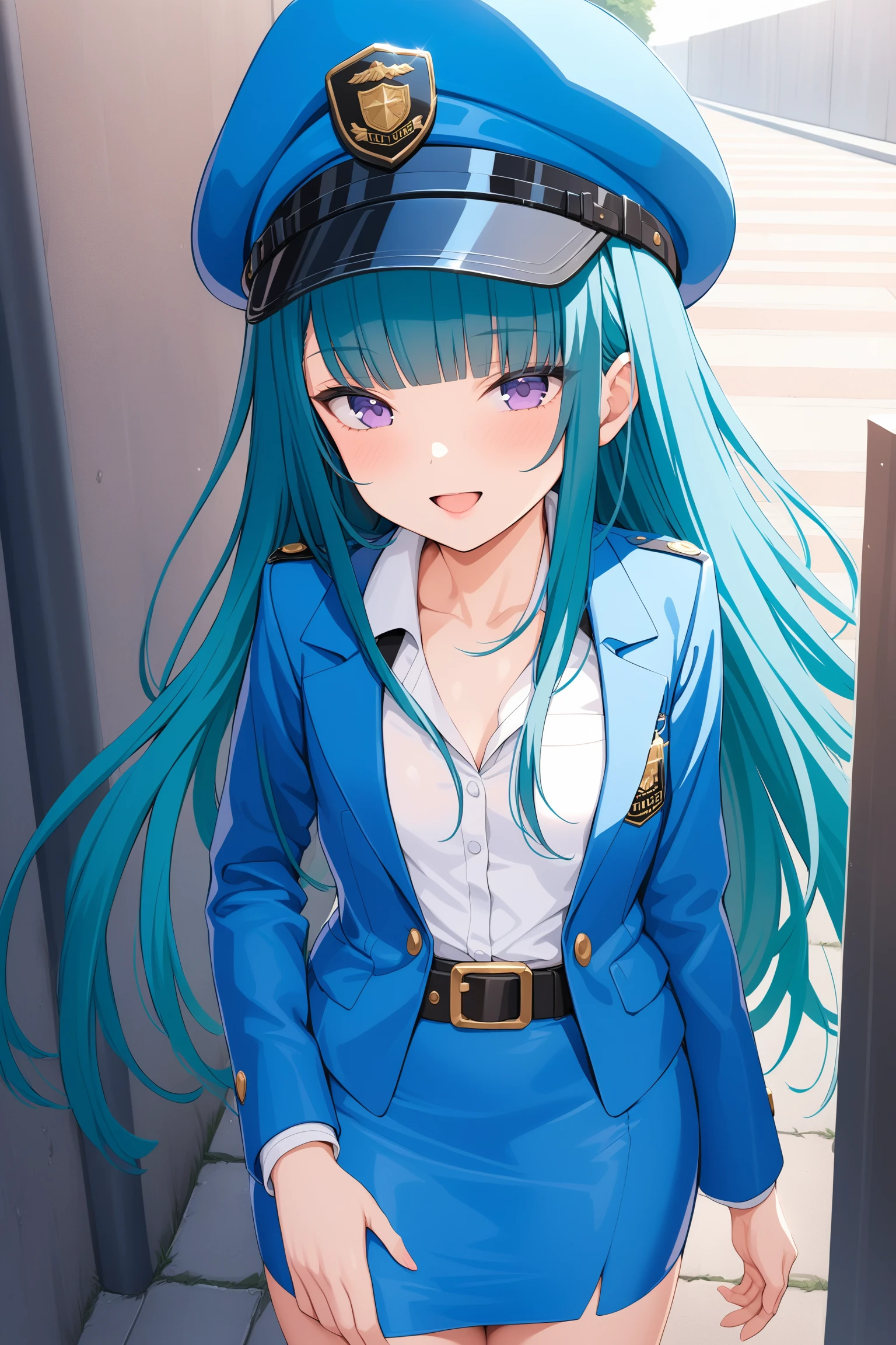 (masterpiece, best quality, very aesthetic, ultra detailed), intricate details, highly detailed background, perfect lightingbest quality, chiyouraayame, solo, outdoors, policewoman, police hat, blue headwear, aqua hair, blunt bangs, very long hair, purple eyes, small breasts, blue jacket, white shirt, long sleeves, belt, blue skirt, miniskirt, pencil skirt, police uniform, smile, open mouth, >:d, pink lips, <lora:Chiyoura-Ayame:0.7>