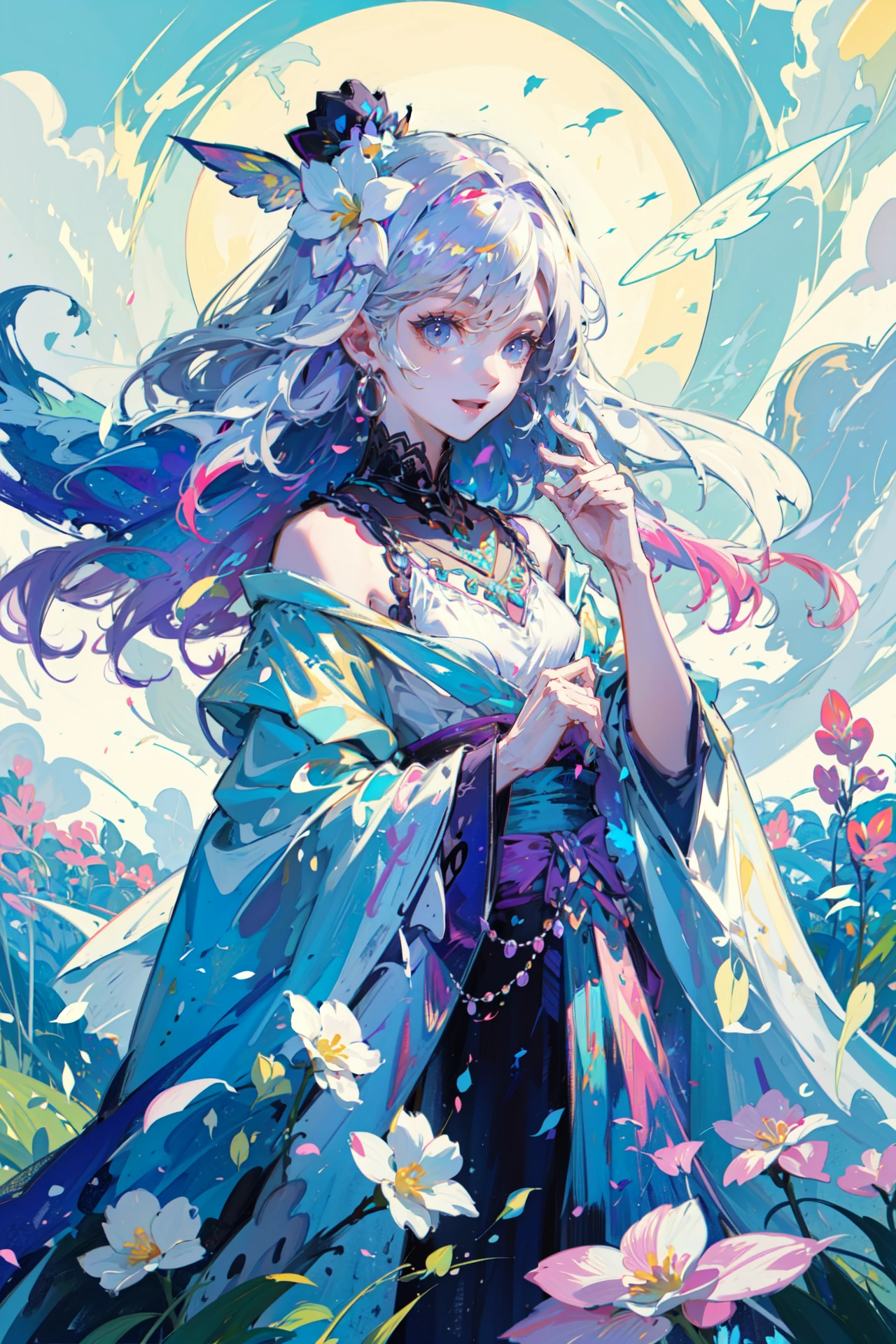 ((best quality, masterpiece, absurbres, super-resolution)), (kawaii, pop, cute:1.1), 1girl, solo,white orchid behind,field of flowers ,puxian opera,blooming flowers, dan role,complex flower background, jewelry, hair_ornament, tassel, smile,(high saturation),(colorful splashes),highly intricate details