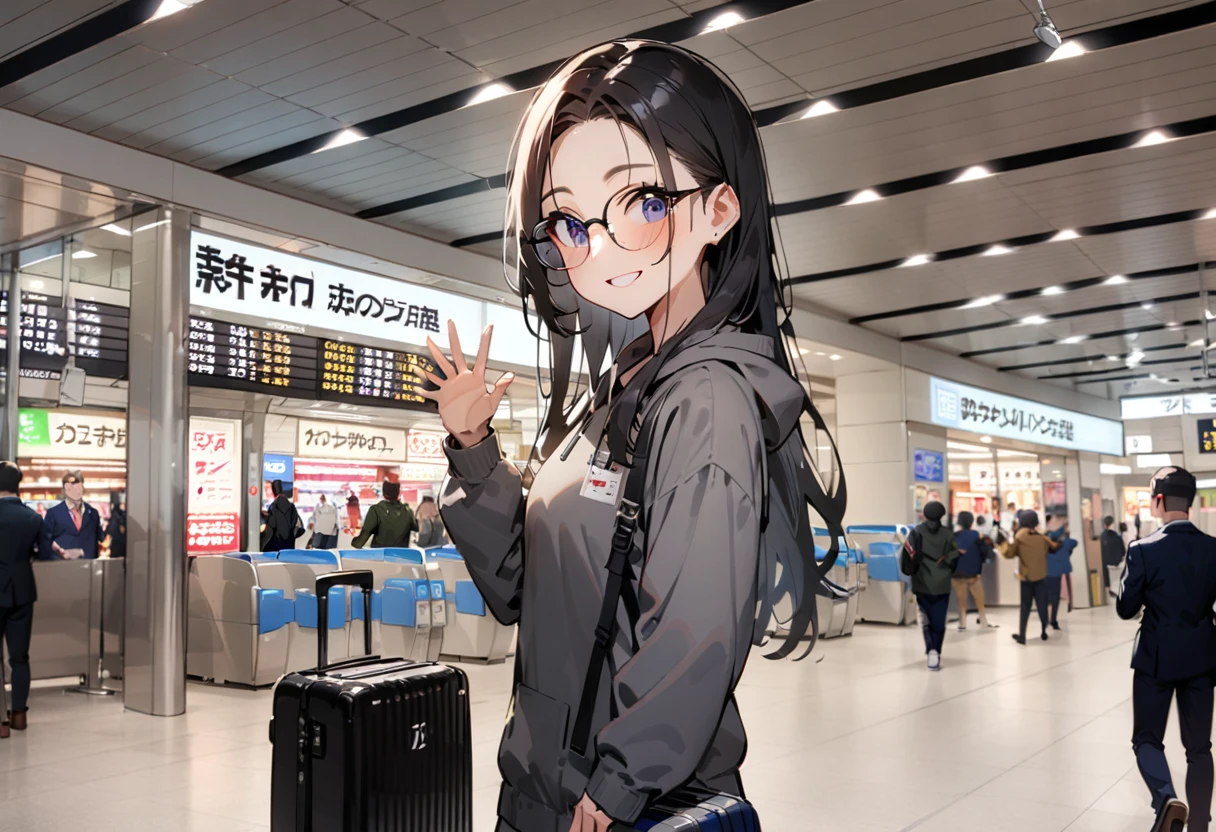 masterpiece, best quality, very aesthetic, absurdres,
1girl, solo, glasses, black hair, long hair, hoodie, pants, rolling suitcase, smile, looking at viewer, solo focus, waving,
shinosaka, chuoguchi, ticket gate, multiple boys, 6+boys, scenery, shop, indoors
<lora:shinosakaeki_chuoguchi_SDXL_V1:0.8>