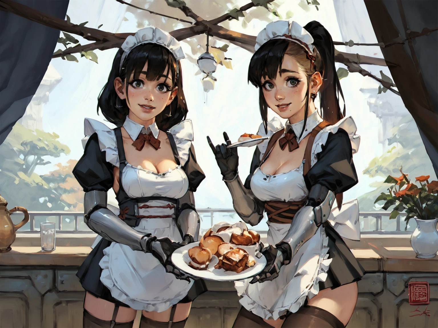 2girls, shy smile, cleavage, long hair, sexy maidoutfit, sideboobs, perfect body, stockings, in maid cafe, holding servingplate with both hands, loocking at viewer, <lora:Kan_Liu666KXL:0.8>, <lora:KLB1-20:0.6>, BREAK score_9, score_8_up, score_7_up, score_6_up, score_5_up, score_4_up