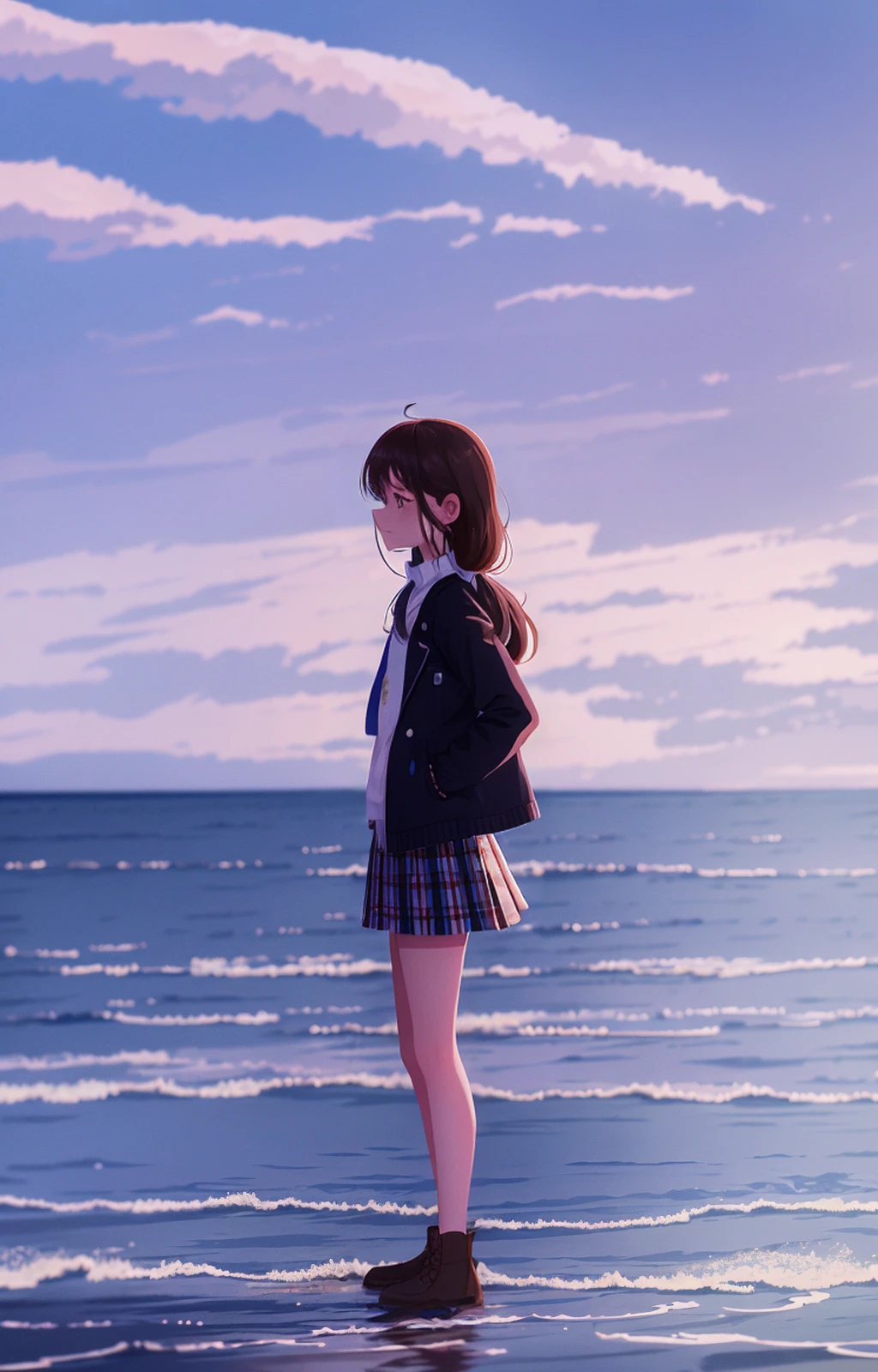 outdoorsï¼1girl, solo, outdoors, standing, scenery, water, wide shot, skirt, jacket, long sleeves, shirt, long hair, ocean painting (medium), best qualit
<lora:Euro American animationa:0.7>