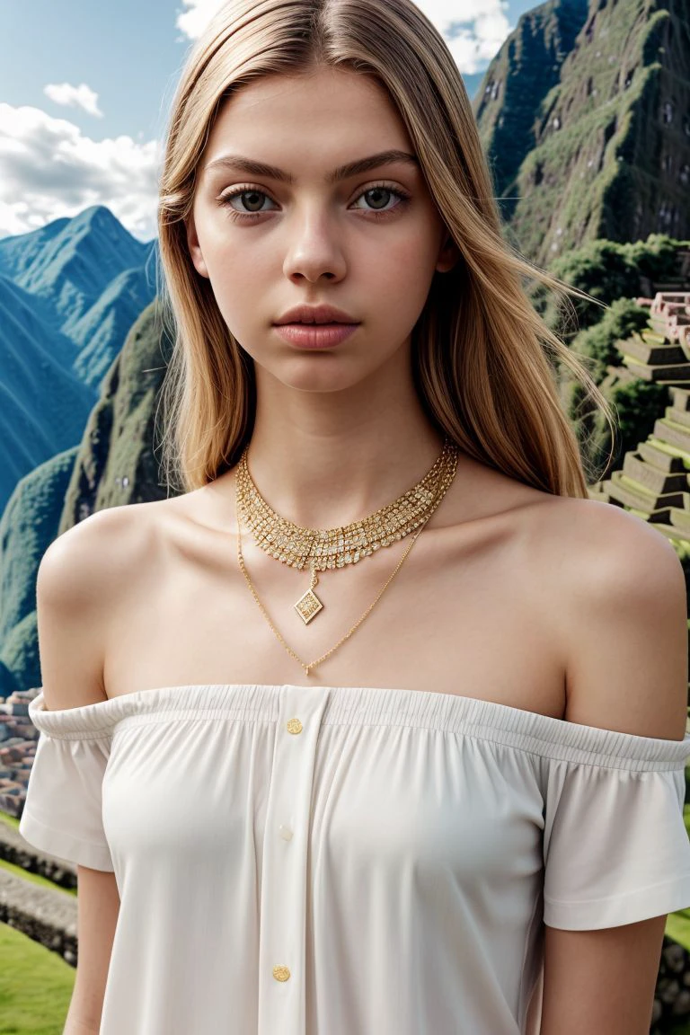 <lora:kawaii7.1.3_obj20:0.75:0.25>, European woman, closeup, (shirt), pants, (machu picchu), cross necklace , ZM_kelsey, wide shoulders, perfect face, (contact iris: 1.1), pale skin, skin pores , depth of field