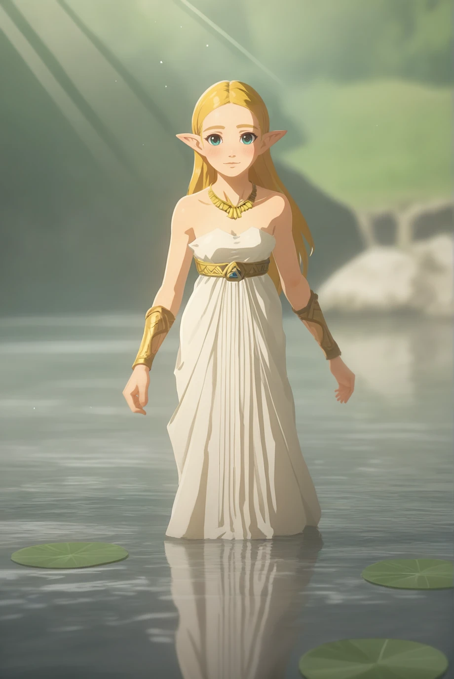 score_9, score_8_up, score_7_up, score_6_up, score_5_up, score_4_up, BREAK source_anime, 1girl, solo,
<lora:ZeldaXL-v2-07:0.8>, ChopioZelda, blonde hair, aqua eyes, pointy ears, looking at viewer,
medium breasts,
long hair,
outfit_2, white dress, strapless dress, bare shoulders, necklace, gold chest belt, triforce, gold bracer, full body,
nature, lake, soaking feet, light smile, blush, light rays,