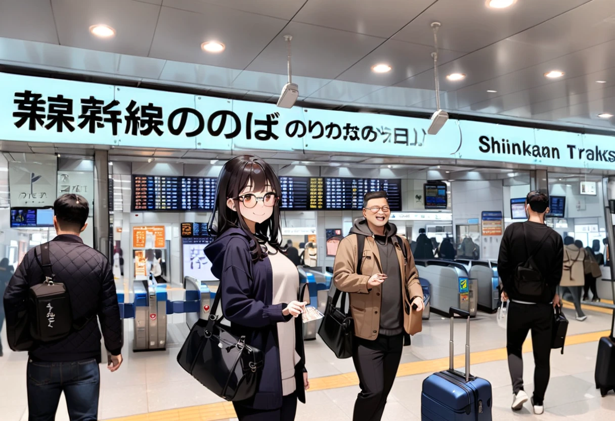 masterpiece, best quality, very aesthetic, absurdres,
1girl, solo, glasses, black hair, long hair, hoodie, pants, rolling suitcase, smile, looking at viewer, solo focus, waving,
shinosaka, norikaeguchi, ticket gate, 6+boys, multiple boys, train station, indoors, ceiling light, bag, ceiling, photo background
<lora:shinosakaeki_norikaeguchi_SDXL_V1:1>