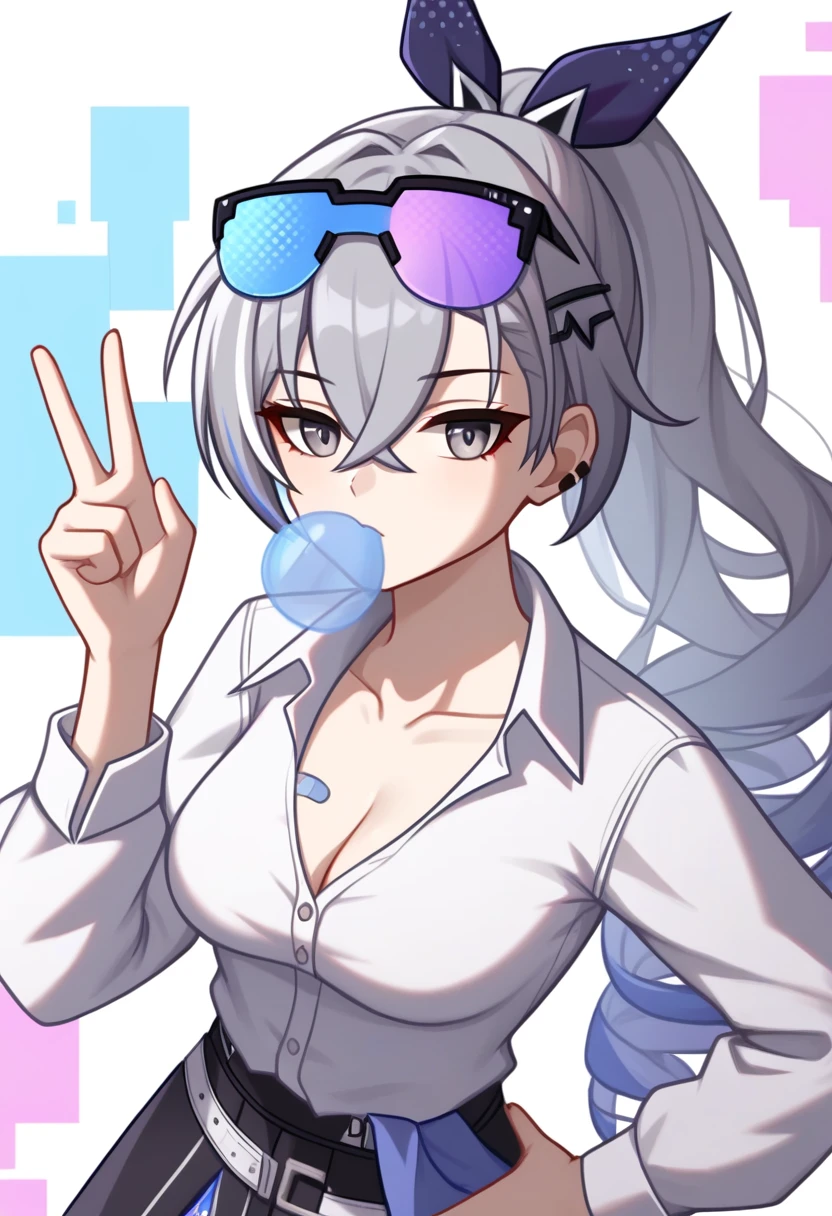score_9,score_8_up,score_7_up,<lora:star_rail_all:1>,1girl, solo, upper_body, hand_up, grey_hair, long_hair, ponytail, hairclip, medium_breasts, cleavage, collarbone, sunglasses, absurdres, highres, bandaid_on_breast, black_skirt, blowing_bubbles, blue_skirt, chewing_gum, collared_shirt, commentary, crossed_bangs, dress_shirt, eyewear_on_head, glitch, grey_eyes, hair_between_eyes, hair_ribbon, hand_on_own_hip, long_sleeves, looking_at_viewer, partially_unbuttoned, pleated_skirt, purple_ribbon, signature, silver_wolf_\(honkai:_star_rail\), white_shirt