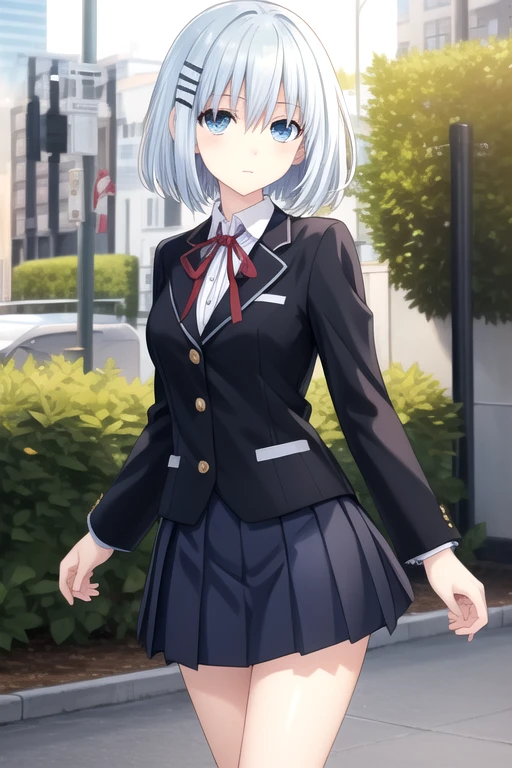 ((masterpiece)),(best quality),official art,extremely delicate and beautiful,extremely detailed CG,unity 8k wallpaper,ultra detailed,beautiful detailed eyes,extremely detailed face,outdoors,1girl,solo,cowboy shot,looking at viewer,facing viewer,deadpan,tobiichi origami,short hair,aqua hair,hairclip,hair between eyes,bangs,blue eyes,school uniform,black jacket,white shirt,collared shirt,red ribbon,medium breasts,long sleeves,pleated skirt,miniskirt,blue skirt,white socks,loafers,<lora:Tobiichi Origami(dal)>,<lora:TSNeptunia-000045:0.5>,