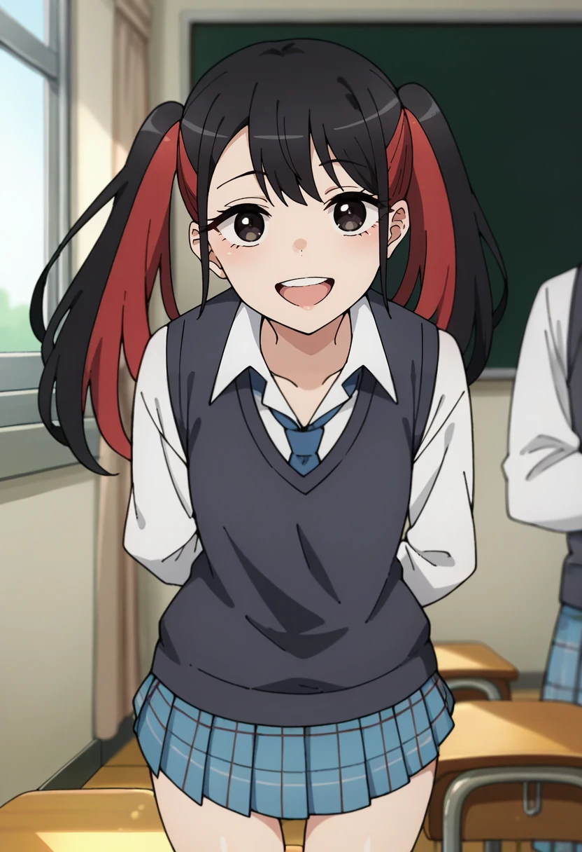 score_9, score_8_up, score_7_up, source_anime,
<lora:SonoBisqueDoll_NowaSugayaXL:0.8>, NowaSugaya,
1girl, open mouth, smile, teeth,
black hair, streaked hair, red hair, twintails, long hair, black eyes,
NowaSchool, school uniform, white shirt, blue necktie, sweater vest, grey vest, blue skirt, plaid skirt,
standing, looking at viewer, thigh gap, arms behind back,
indoors, classroom, blurry background