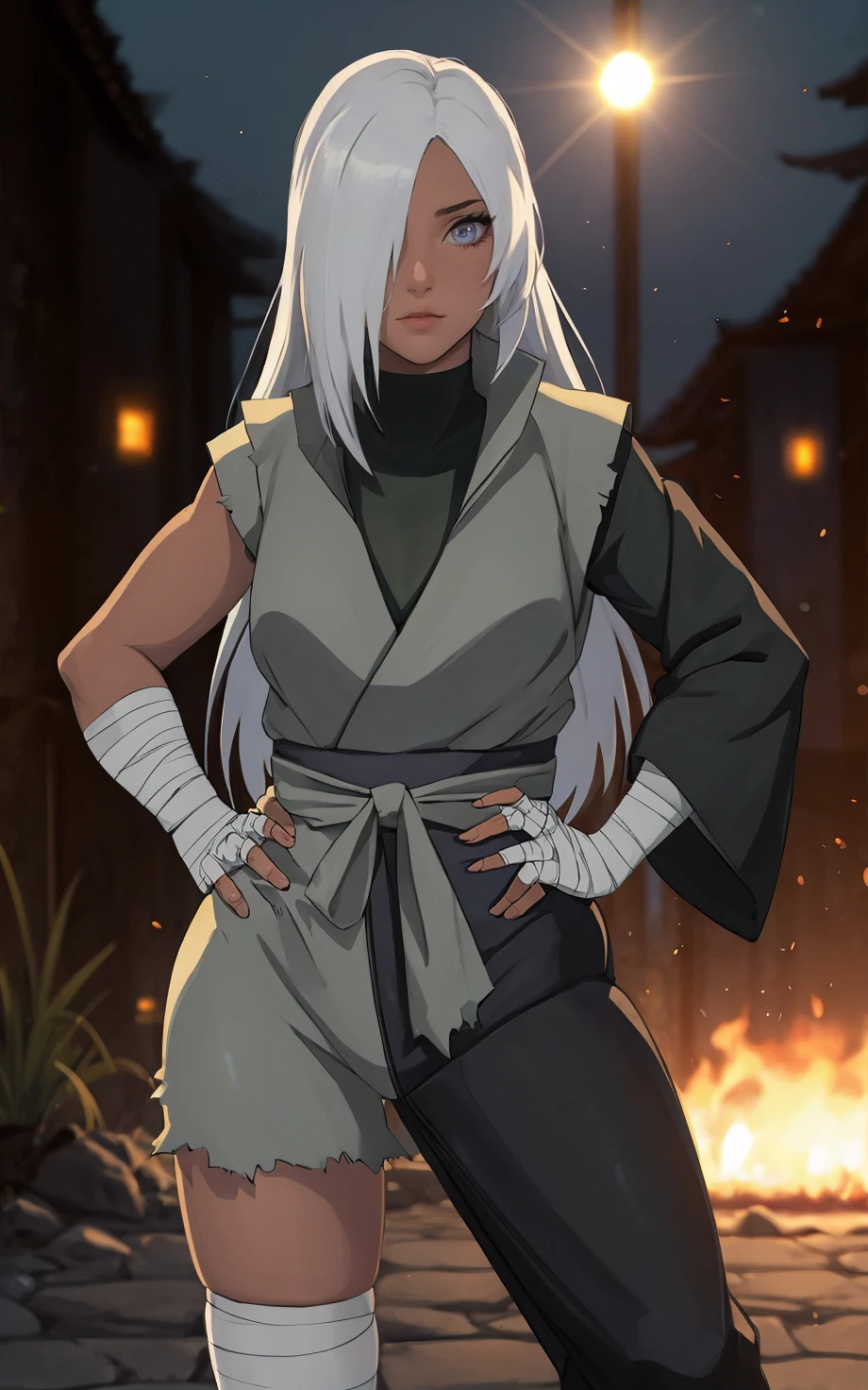 ((masterpiece, best quality)), insaneres, absurdres, solo,  vanishing point, 
HairDown_Ryuzetsu_ownwaifu, 
1girl, grey eyes, hair down, ringed eyes, white hair, long hair, hair over one eye, dark skin, dark-skinned female, breasts, 
bandages, bandaged arm, vest, bandaged hand, black shirt, ninja, shirt,
(contrapposto, hand on hip)<lora:NARUTO_Movie_Ryuzetsu_ownwaifu:0.85>,
outdoors, lens flare, depth of field, bokeh, embers, looking at viewer,