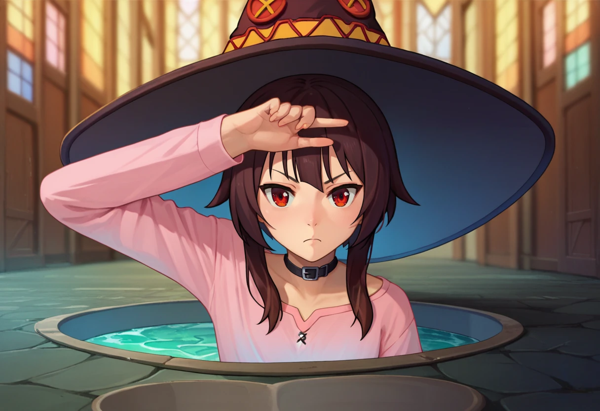 score_9, score_8_up, score_7_up,  1girl, Majima everywhere, manhole cover, arm up, <lora:Majima everywhere 3-000009:1>    megumin, source anime, shirt,