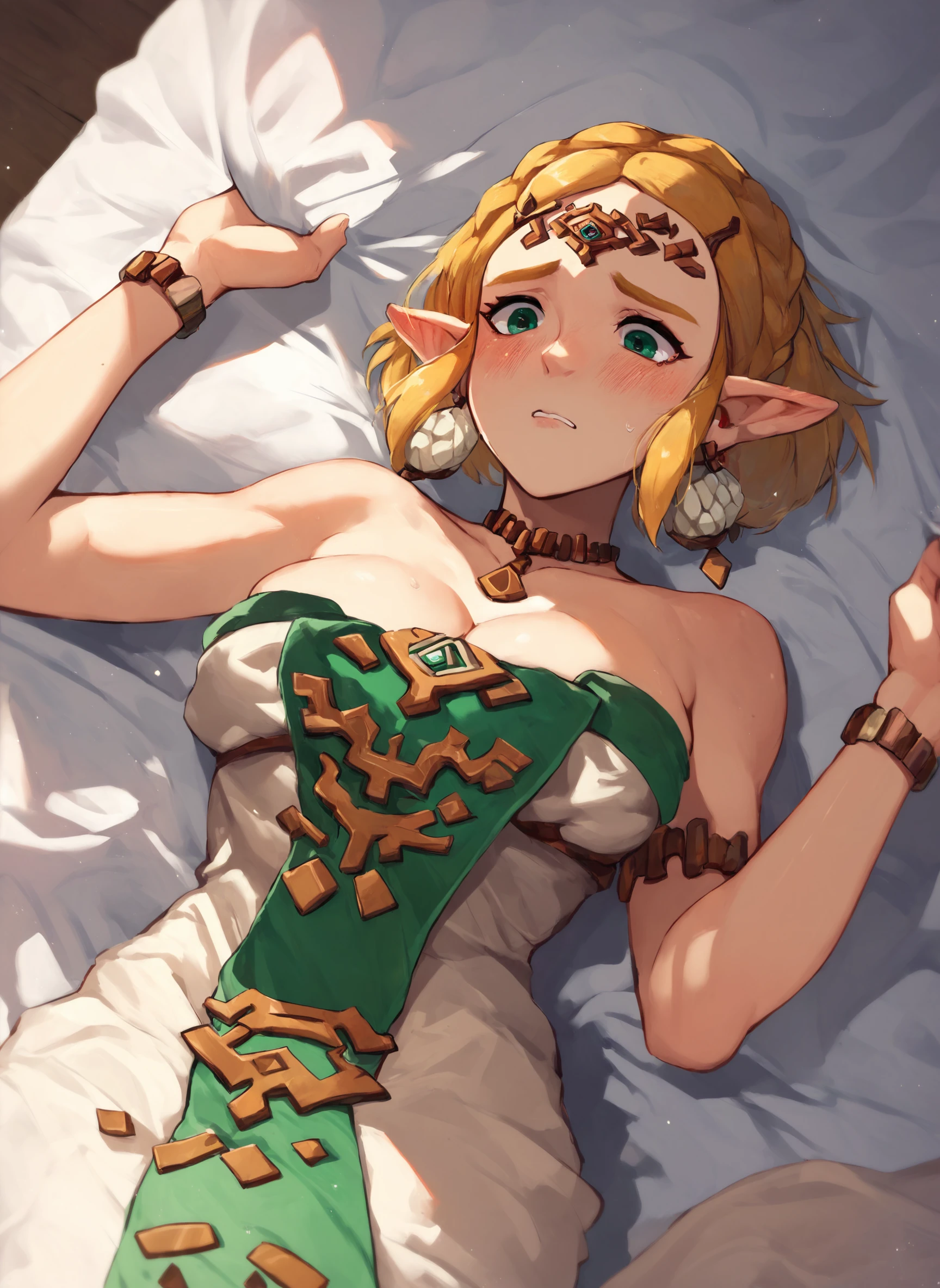 score_9, score_8_up, score_7_up, score_6_up, zeldadress, solo, dress, , lying on back, nervous, blush, sheets, tiara, earrings, bracelet, cleavage