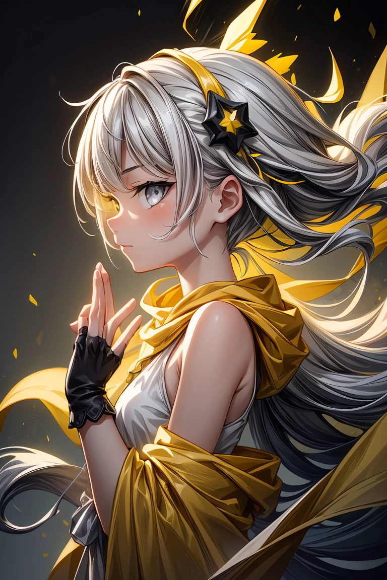 greyscale, (yellow theme:1.3),1girl,solo,badass,cold,((Detailed)), ((Masterpiece)), ((Impressive)), ((Elegant)), ((Mind-blowing)), ((Phenomenal)), anime, Shojo, Romance, Drama, digital artwork, Digital masterpiece, Digital masterpiece, Digital illustration, neon light, Neon illumination, Electrifying light, Vibrant glow, 35mm, Panoramic view,Illustration,Cover,enigmatic figure,draped in translucent fabric,crystals adorning hair,dreamlike swirl,pastel hues,soft light,evoking calm serenity and elusive beauty,Non-representational,colors and shapes,expression of feelings,imaginative,highly detailed,fingerless_gloves,headwear,grey_eyes,looking_at_viewer,upper_body,from_side