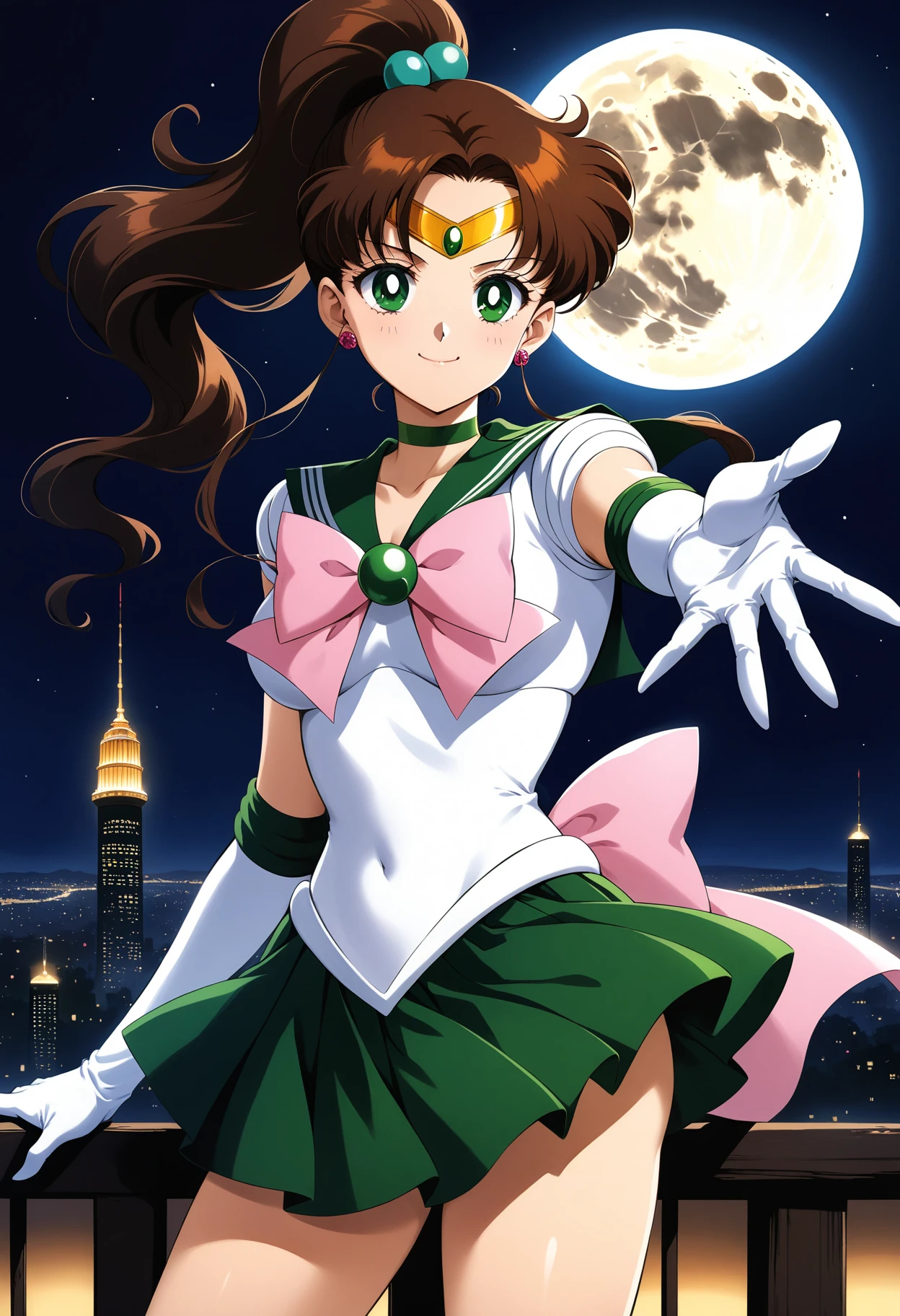 (masterpiece, best quality, very aesthetic, ultra detailed), intricate details, 4k, aajupiter, long hair, brown hair, ponytail, hair bobbles, tiara, earrings, green eyes, green choker, green sailor collar, pink bowtie, white shirt, elbow gloves, white gloves, green skirt, pleated skirt, bare legs, <lora:sailor_jupiter_animaginexl_v2:0.9>, standing, cowboy shot, outdoors, night, moon, city, building, reaching out, smile