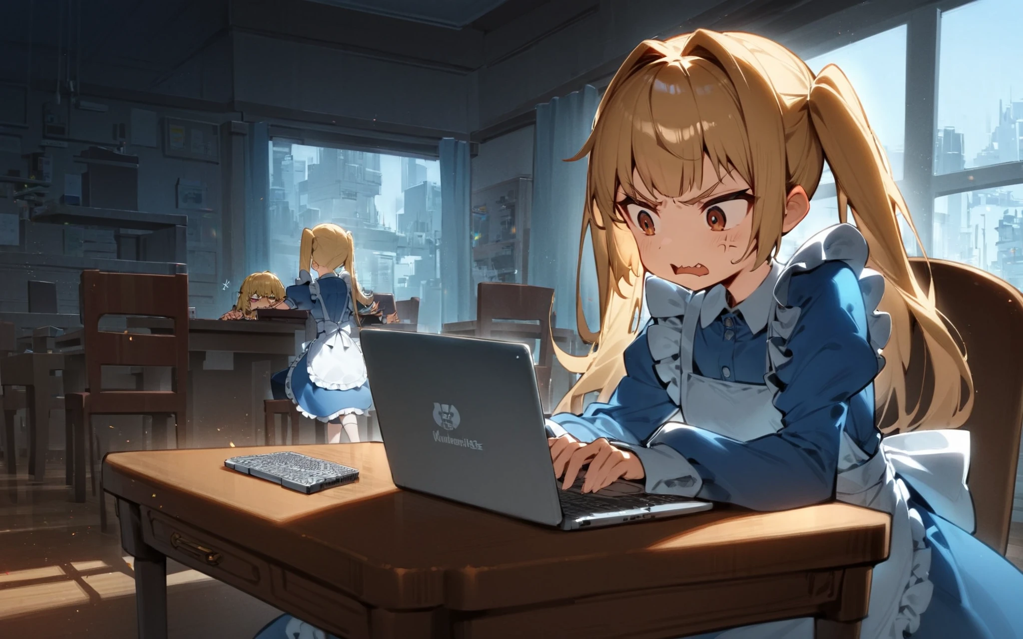 1girl, hands on laptop, table, chair, sitting, (angry:0.8),
blonde hair, twintails, blue dress, white apron, indoors,
Alice in glitterworld