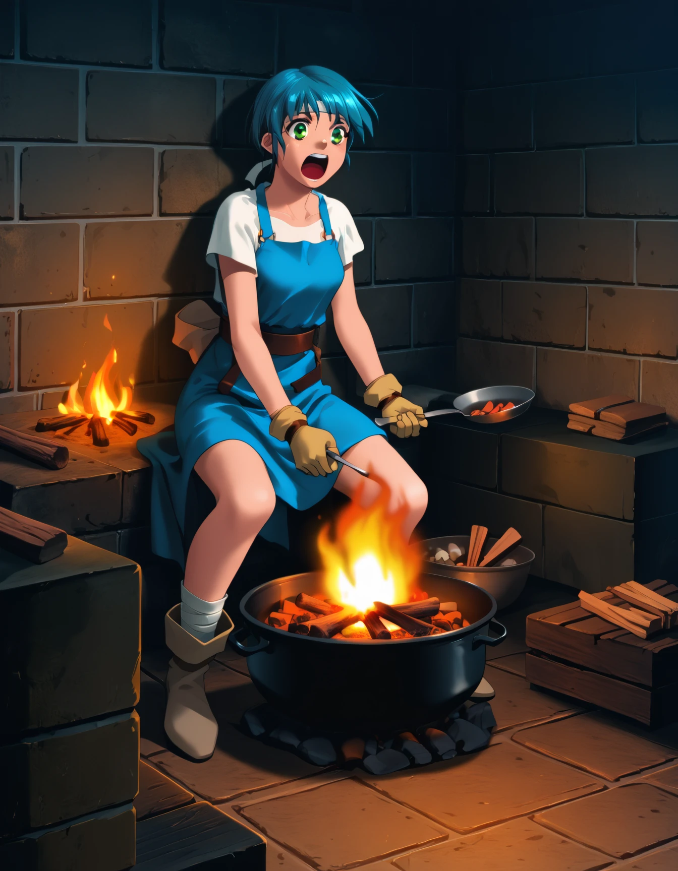 score_9,  score_8_up, score_7_up <lora:epo-ponyxl-000040:1> wwepo, blue hair, green eyes, (headband:0.5), fashion,
boiling, brick wall, bubble, campfire, cooking, dungeon, excited, open mouth