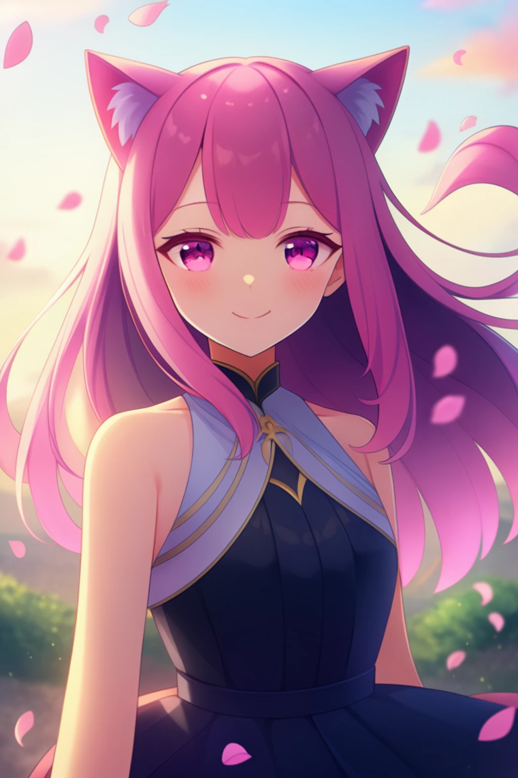 1girl, solo, cowboy shot, pink hair, straight hair, pink eyes, cat ears, looking at viewer, bare shoulders, petals, wind, outdoors, smile, very aesthetic, best quality, newest,