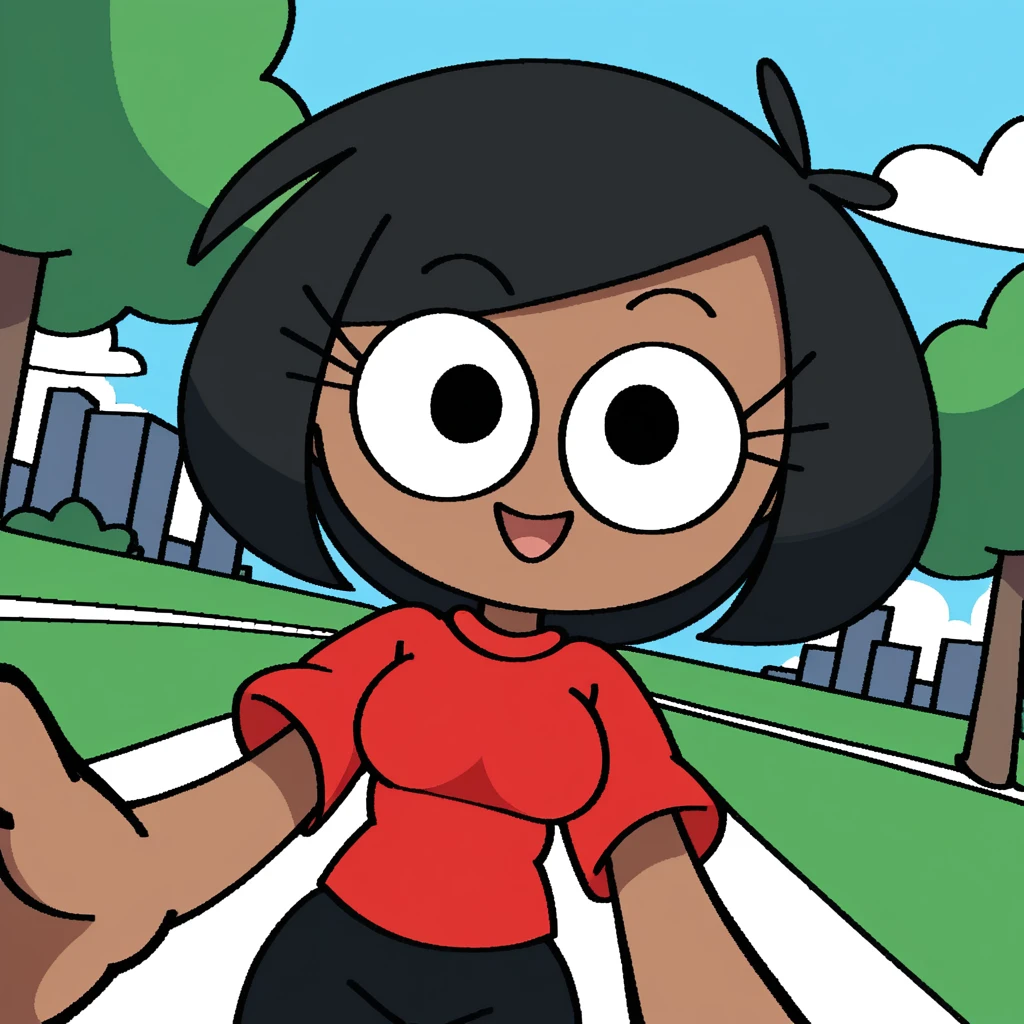 zPDXL, flat colors, cel shading, vector, shadows, source_cartoon, green background, cityscape, park, 1girl, solo, rob_(\vilepluff\), dark skin, eyelashes, medium breasts, black hair, bob cut, red shirt, short sleeves, grey pants, smile, \small head, dutch angle, open mouth, holding viewer, looking at viewer, pov, <lora:RobVile:0.9>