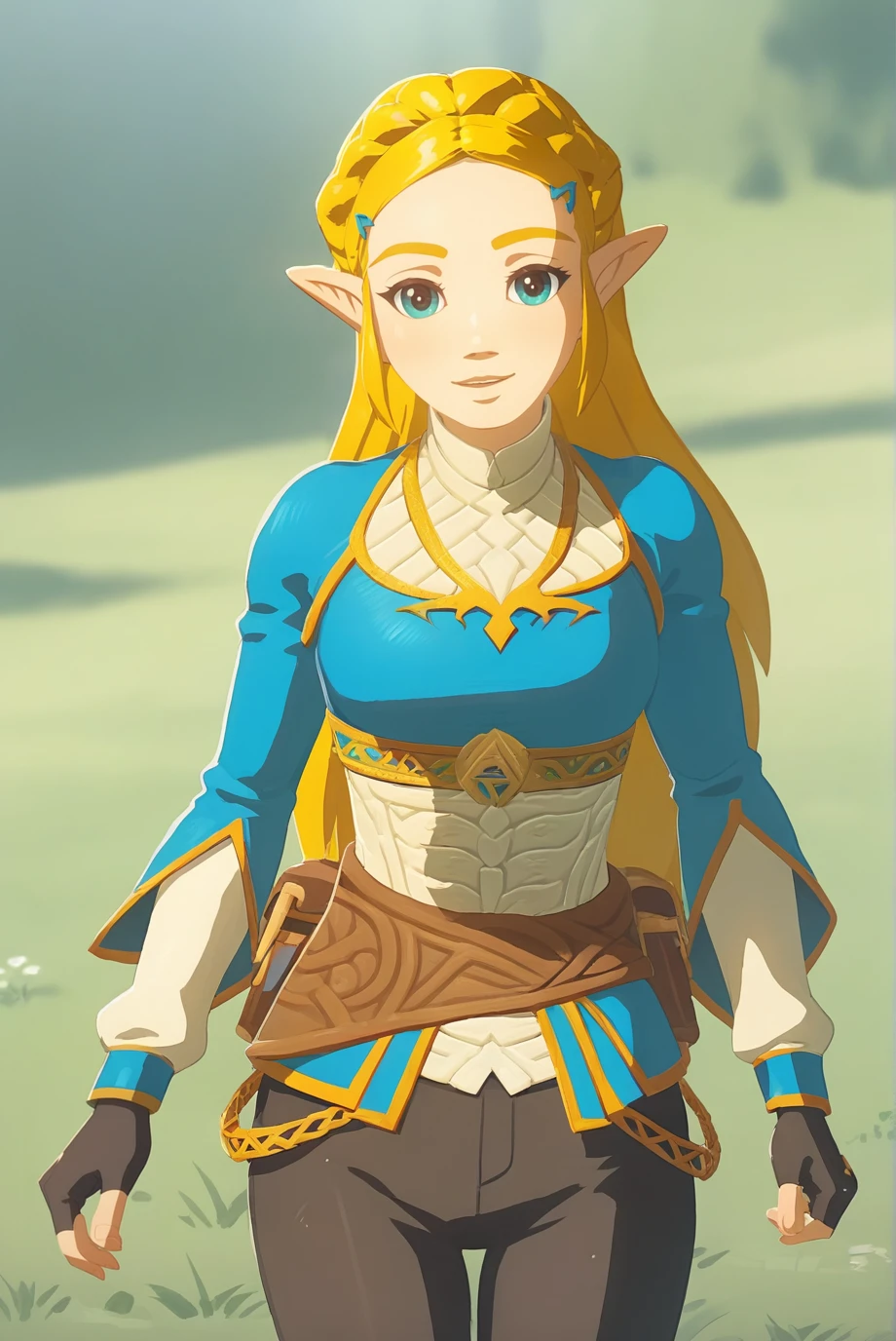 score_9, score_8_up, score_7_up, score_6_up, score_5_up, score_4_up, BREAK source_anime, 1girl, solo,
<lora:ZeldaXL-v2-07:1.0>, ChopioZelda, blonde hair, aqua eyes, pointy ears, looking at viewer,
long hair, crown braid, sidelocks, parted bangs, hairclip, medium breasts,
outfit_1, blue crop top, gold trim, white undershirt, breastplate, layered sleeves, brown sash, black gloves, fingerless gloves, black pants,
outdoors, grass, nature, smile, parted lips,