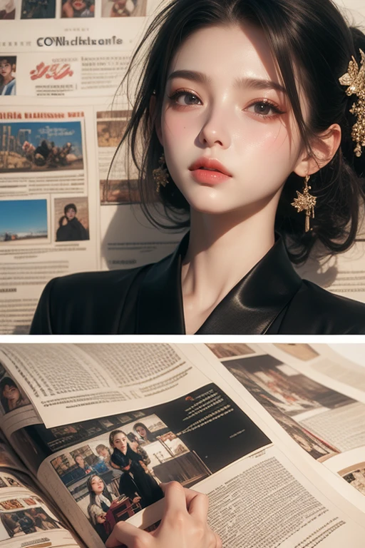 Best quality,artbook,lithography,key visual,
Fashion girl,jewel,solo,hair_ornament open eyes,close-up,
elegant,precision,extremely detailed CG unity 8k wallpaper,90s,
in front of a wall of various newspaper and magazine collages,