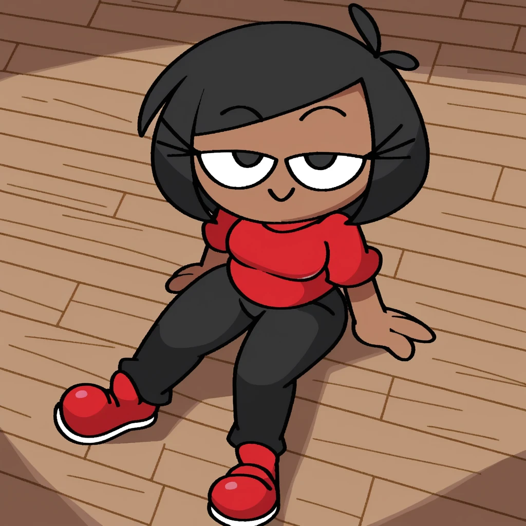 zPDXL, flat colors, cel shading, vector, \shadows, source_cartoon, wooden floor, brown background, vignette, 1girl, solo, rob_(\vilepluff\), dark skin, eyelashes, medium breasts, small head, black hair, bob cut, shiny skin, red shirt, grey pants, red shoes, sitting, bird's-eye view, from above, smile, narrowed eyes, looking at viewer <lora:RobVile:0.9>