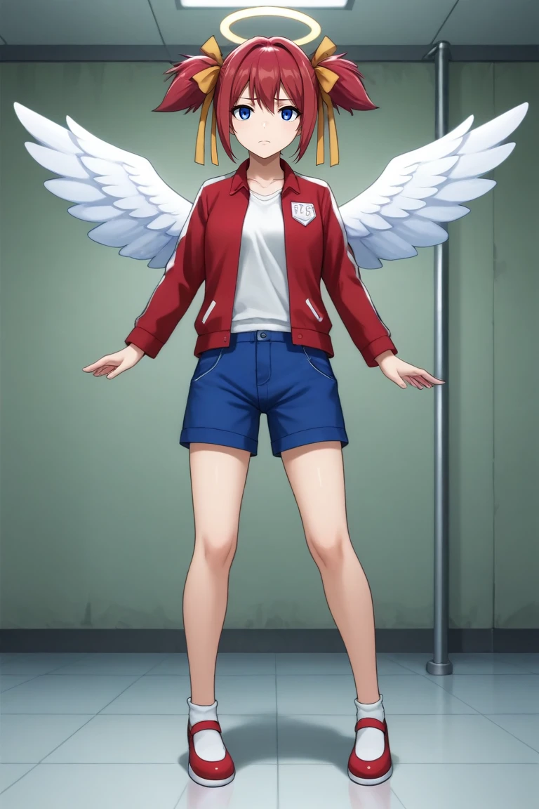 score_9, score_8_up, score_7_up, source_anime, rating_safe, , , looking at viewer, , 1girl, solo, <lora:chelia_blendy_pony:0.76>, chelia_blendy, red hair, blue eyes, ribbon, hair ribbon, twintails, short twintails, wide angle, wide shot, full body, hospital, midnight, (dynamic pose), sad, jacket, iridescent shorts, short shorts, angel wings, halo, <lora:sdxl_lightning_8step_lora:1>