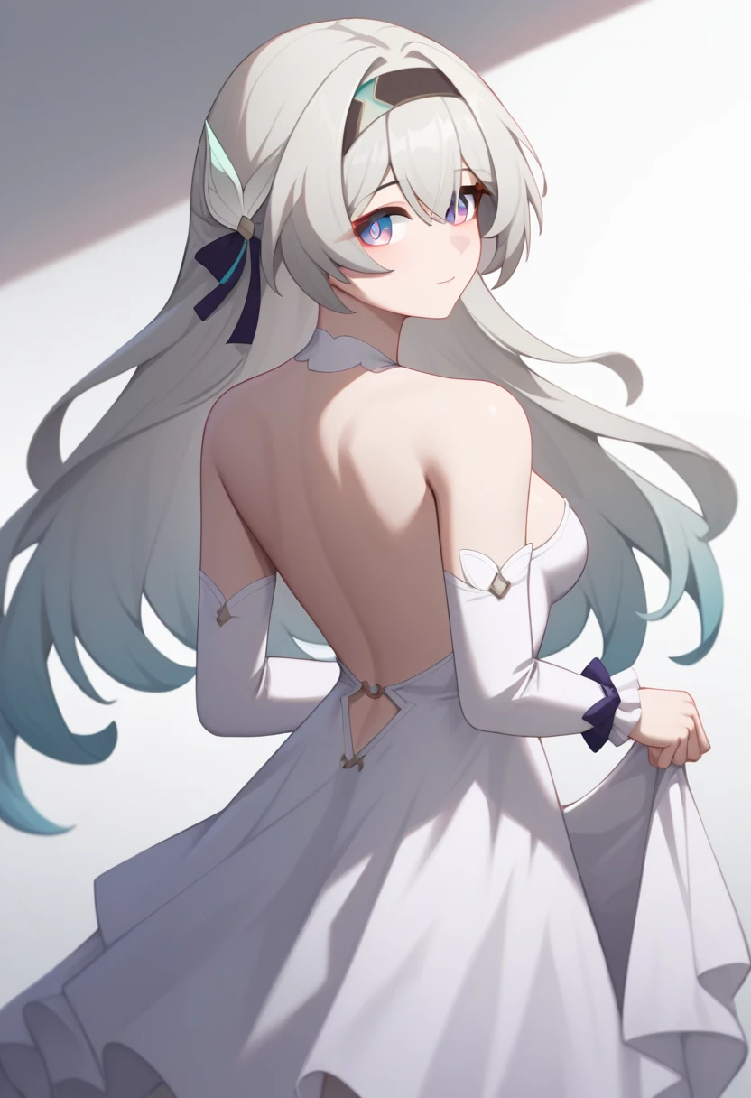 score_9,score_8_up,score_7_up,<lora:firefly_pony_v2:1>,1girl, absurdres, alternate_costume, backless_dress, bare_back, bare_shoulders, black_hairband, commentary, cowboy_shot, detached_sleeves, firefly_\(honkai:_star_rail\), grey_hair, highres, long_sleeves, purple_eyes, solo, standing, strapless_dress, very_long_hair, white_dress
