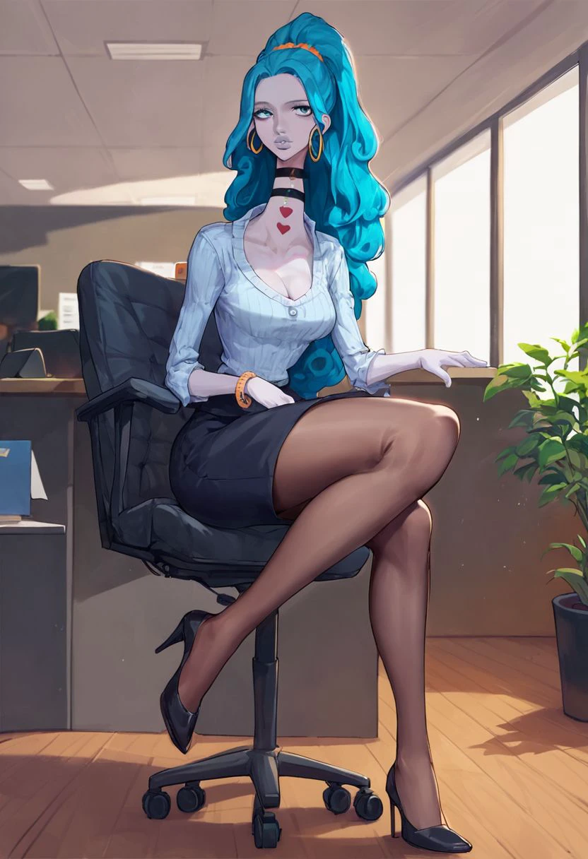 score_9, score_8_up, score_7_up, source_anime, solo, 1girl, Charlotte Amande, blue hair, ponytail, blue eyes, gray skin, grey skin, long neck, lips, hoop earrings, choker, sexy, office lady, cleavage, skirt, shirt, jacket, formal clothes, pantyhose, see-through legwear, heels, emotionless, one leg crossed over the other, hands on lap, looking at viewer, sitting in black office chair, indoors, office