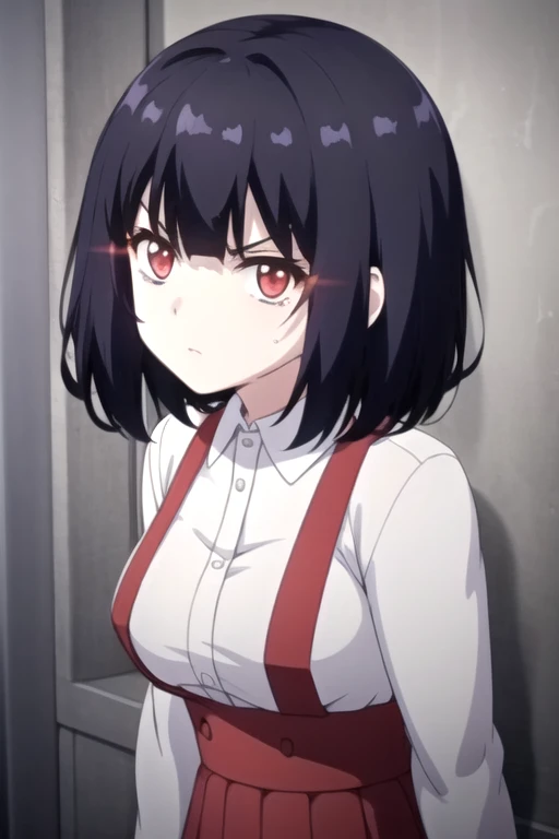 ((masterpiece)),(best quality),official art,extremely delicate and beautiful,extremely detailed CG,unity 8k wallpaper,ultra detailed,beautiful detailed eyes,extremely detailed face,outdoors,1girl,solo,upper body,(portrait:1.5),looking at viewer,facing viewer,serious,(petite:1.2),short hair,black hair,red eyes,glowing eyes,bangs,school uniform,collared shirt,white shirt,long sleeves,large ,suspender skirt,red skirt,white socks,loafers,<lora:Hanako(remake):0.8>,