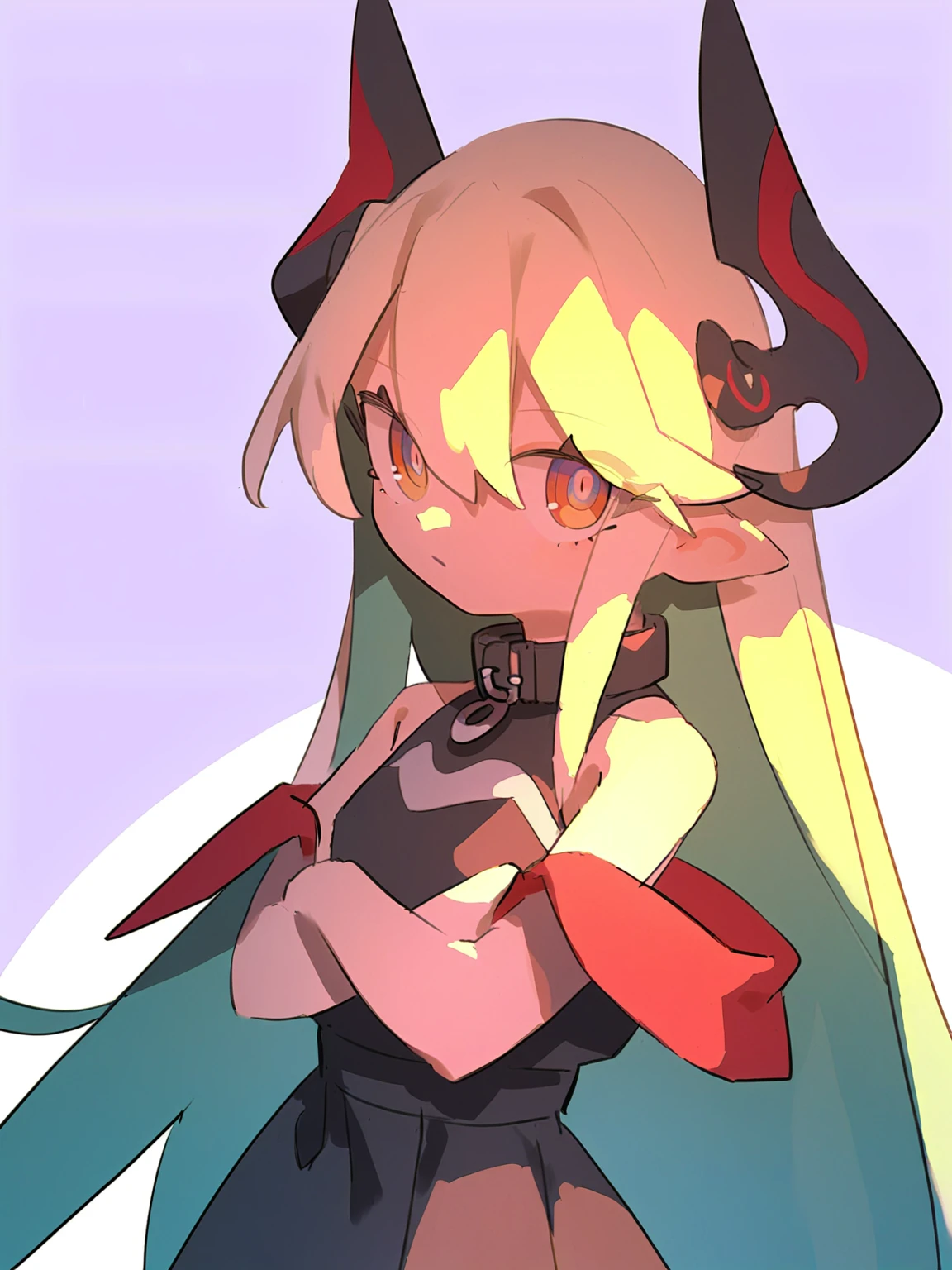 score_8_up,score_7_up,lvzi,1girl, solo, black dress, white background, simple background, dress, black collar, long hair, blue eyes, blonde hair, blue hair, multicolored hair, crossed arms, looking at viewer, off shoulder, hair between eyes, pointy ears, sleeveless dress, collar, upper body, bare shoulders, <lora:lvziXL-000010:0.8>