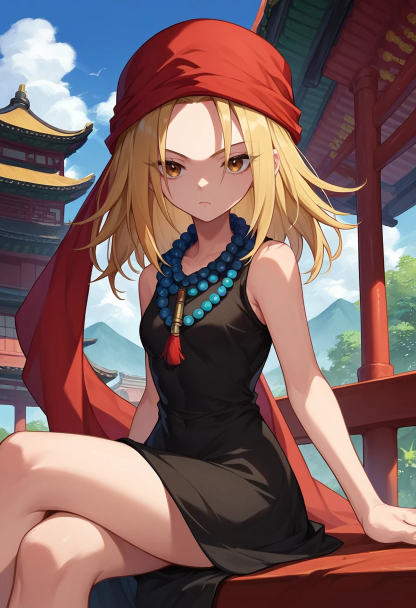 score_9, score_8_up, score_7_up,  1girl,   kyouyama anna, blonde hair, short hair, brown eyes, black dress, red bandana, bead necklace, sleeveless, sitting, crossed legs, geta, looking at viewer, outdoors, east asian architecture,    <lora:Anna DORA-000009:1>