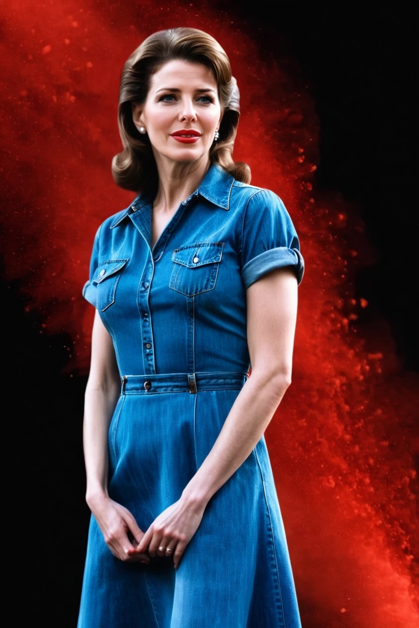 cinematic film still portrait of resplendent reagan in denim dress in acid-washed denim, radiant red splash, stretching, black background <lora:colorSplash:1> . shallow depth of field, vignette, highly detailed, high budget Hollywood by sofia coppola, bokeh, cinemascope, moody, epic, gorgeous, film grain, grainy