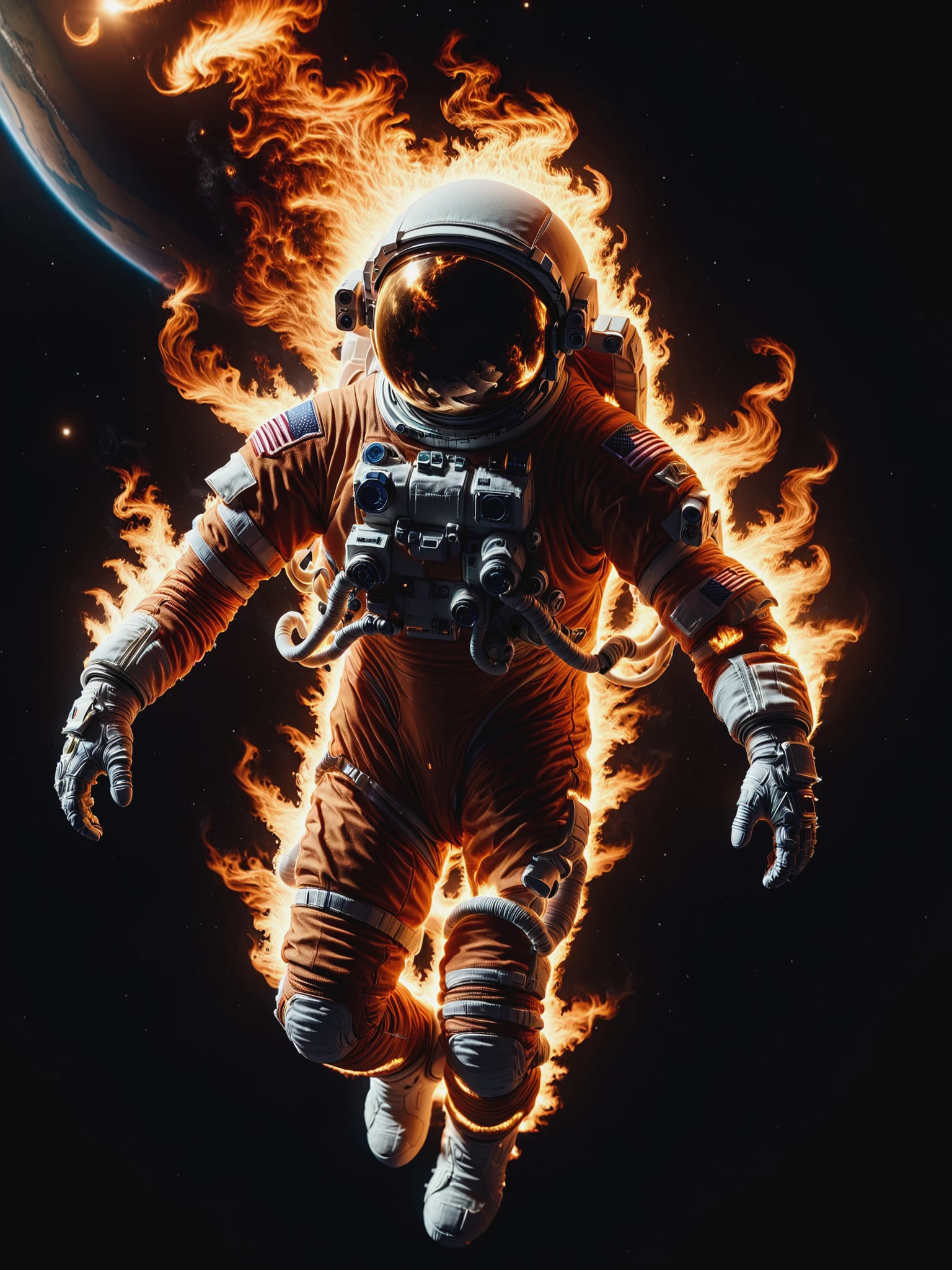 mad-flames astronaut in orbit of earth \(planet\), dramatic lighting, cinematic shot , dynamic pose <lora:Flames_SDXL:1>, raw photo, film grain, Fujifilm XT3, (photorealistic, realistic:1.2), deep shadow, 8k, uhd, dslr, ultra high res
